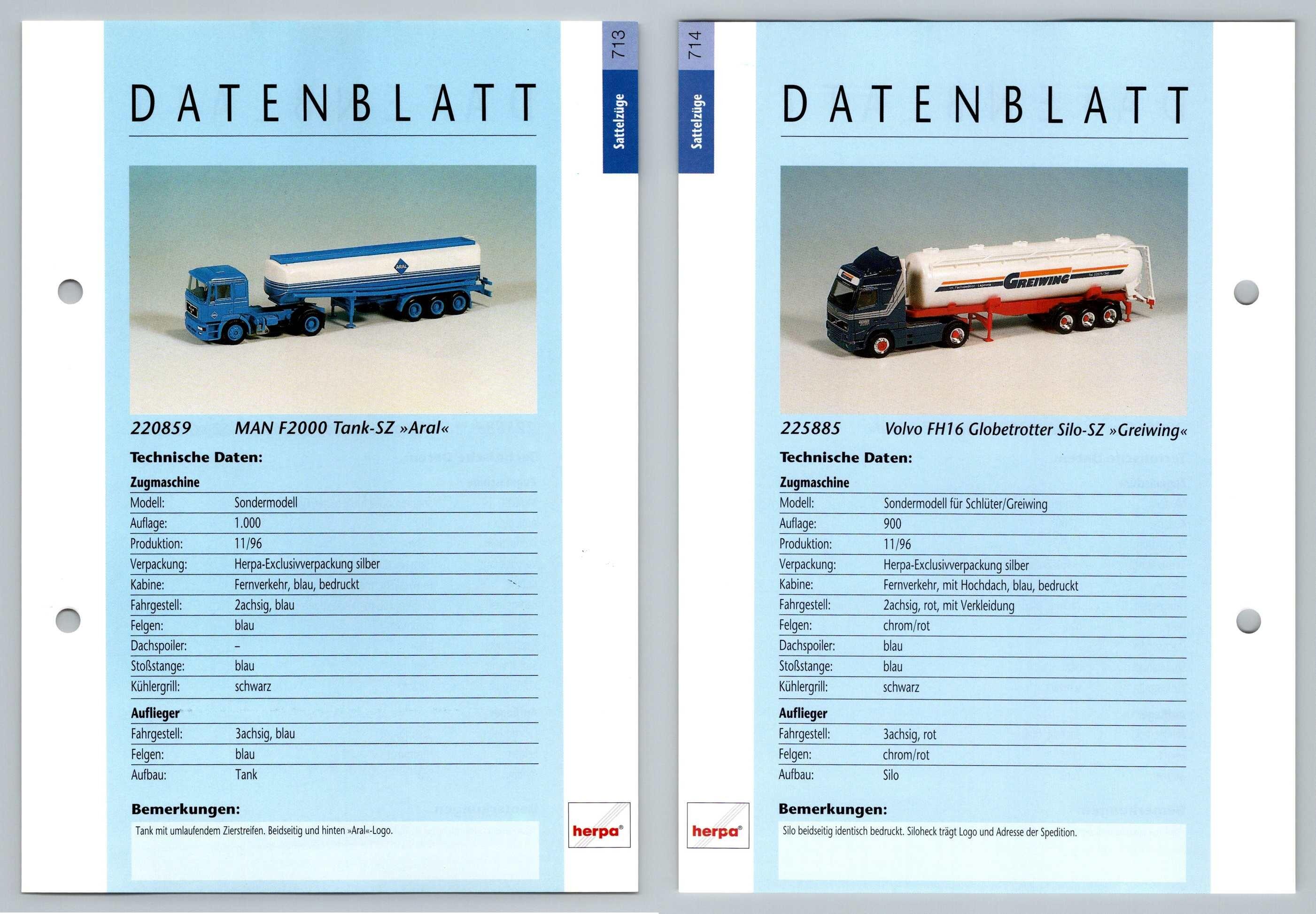 MAN F2000 Tank / Volvo FH16 Silo #713/4 Sattelzuge - Herpa Data Sheet-Breakoutcards