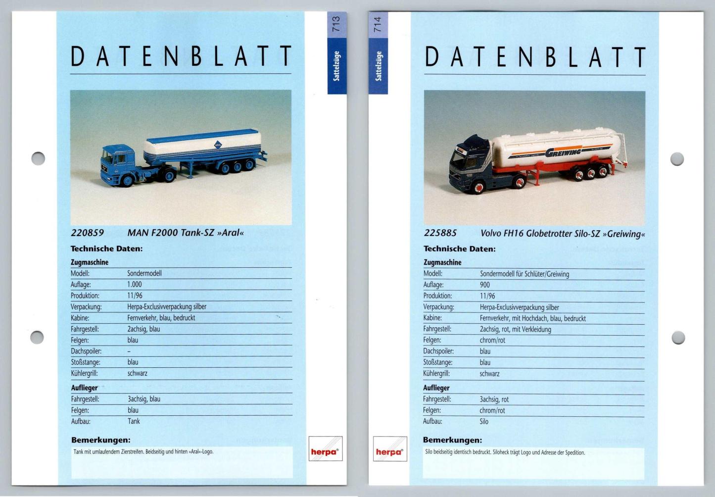 MAN F2000 Tank / Volvo FH16 Silo #713/4 Sattelzuge - Herpa Data Sheet-Breakoutcards