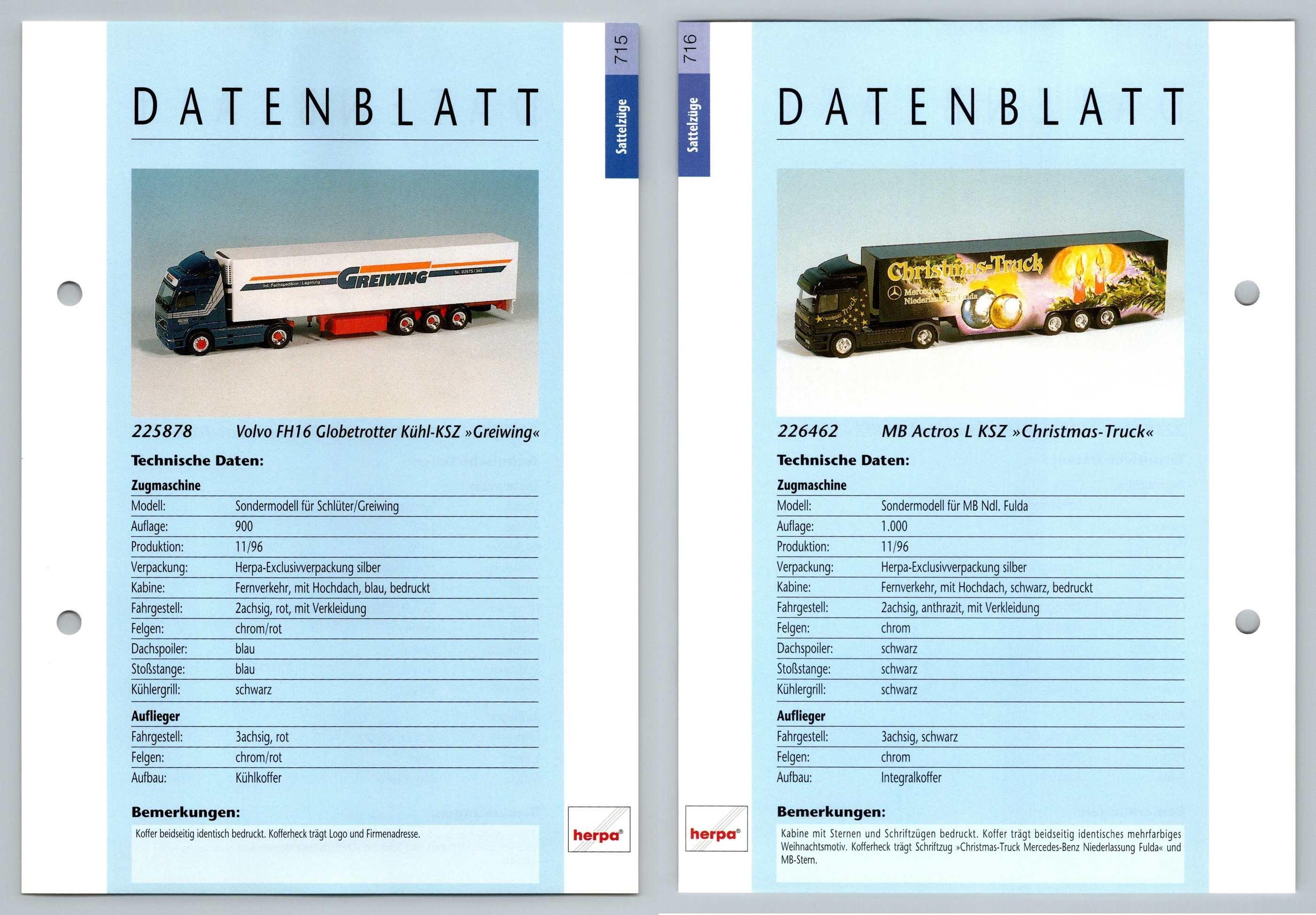 Volvo FH16 / MB Actros L #715/6 Sattelzuge - Herpa Data Sheet-Breakoutcards