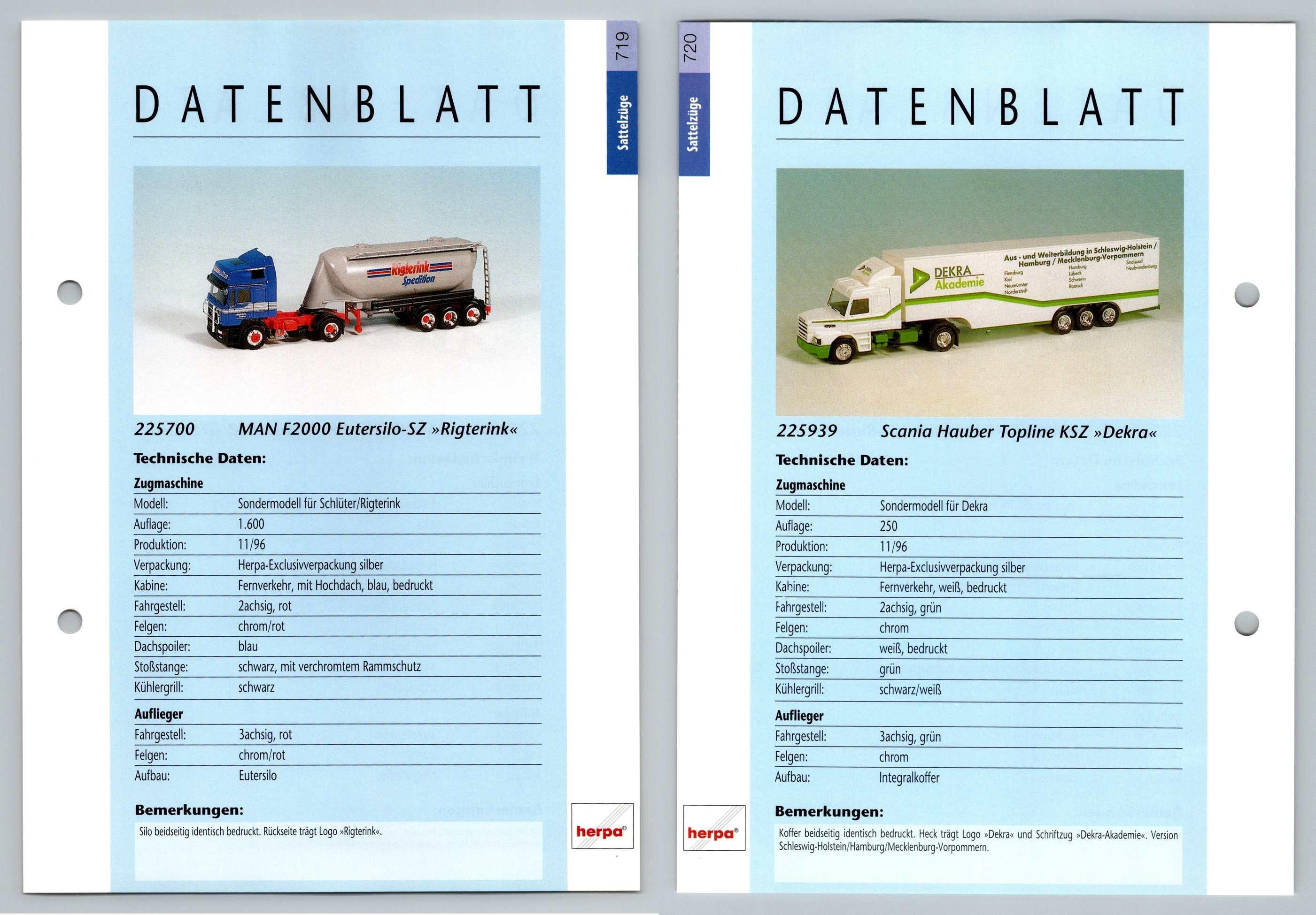 MAN F2000 Eutersilo / Scania Hauber #719/20 Sattelzuge - Herpa Data Sheet-Breakoutcards
