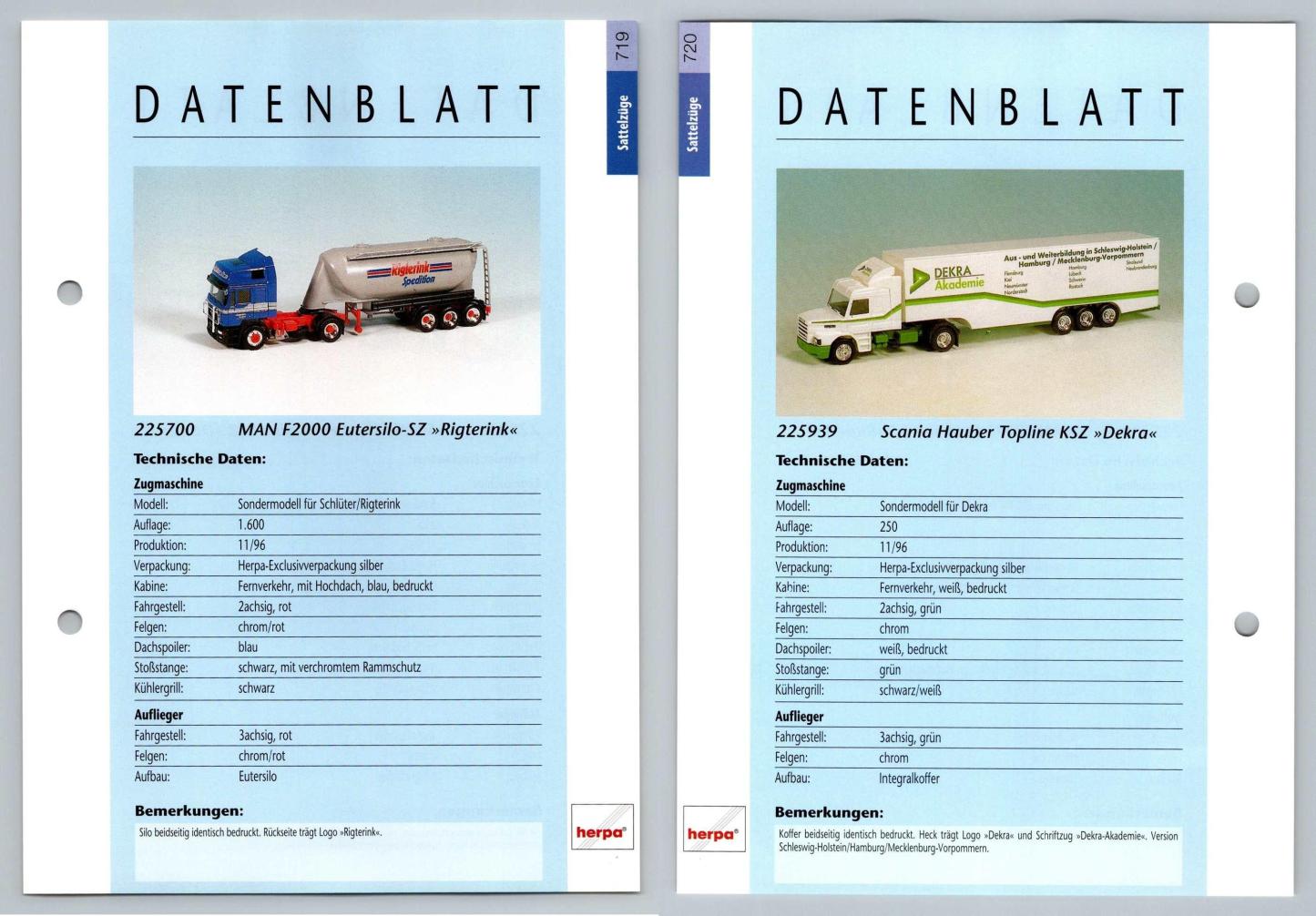 MAN F2000 Eutersilo / Scania Hauber #719/20 Sattelzuge - Herpa Data Sheet-Breakoutcards