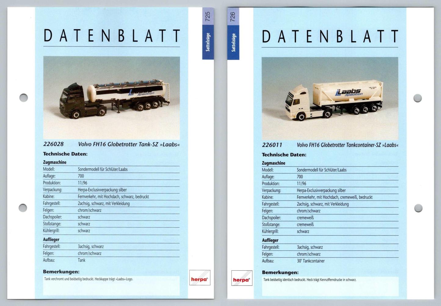Volvo FH16 Globetrotter #725/6 Sattelzuge - Herpa Data Sheet-Breakoutcards