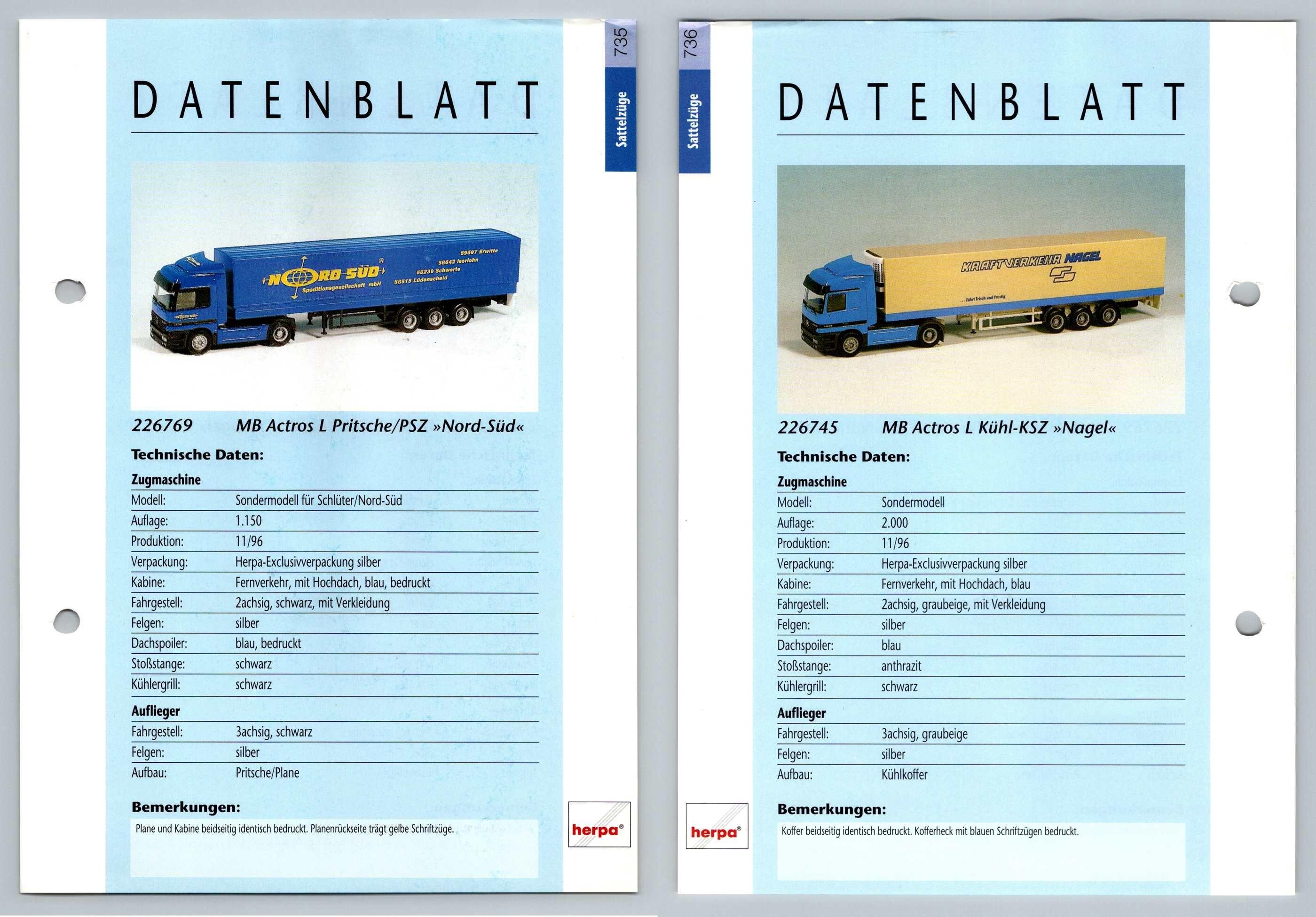 MB Actros L Pritsche / Kuhl #735/6 Sattelzuge - Herpa Data Sheet-Breakoutcards