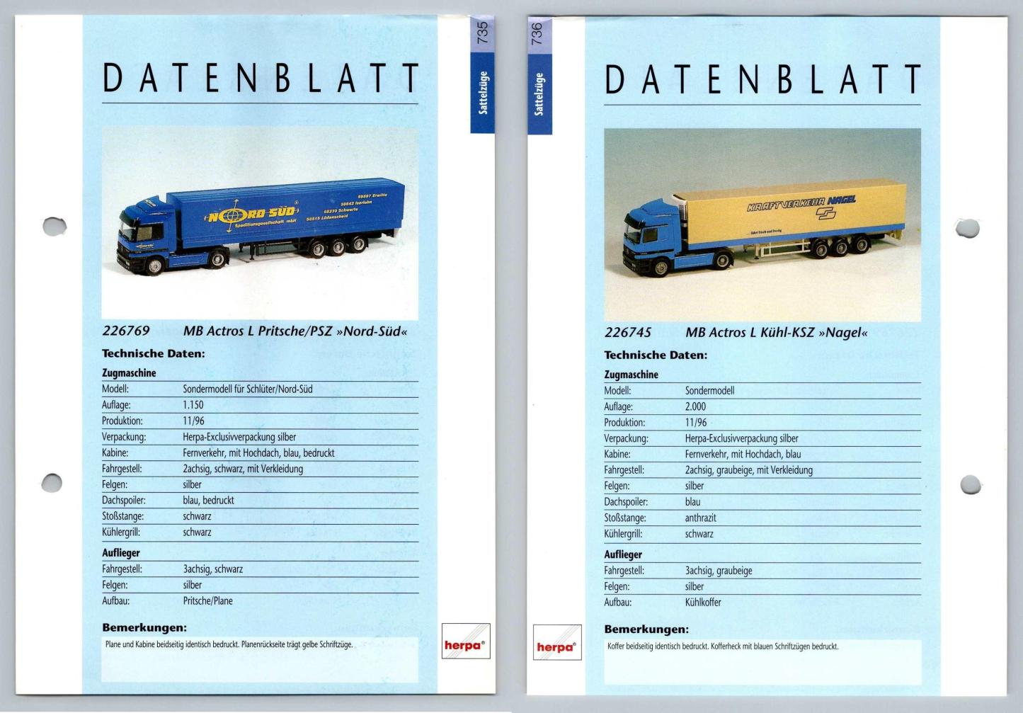 MB Actros L Pritsche / Kuhl #735/6 Sattelzuge - Herpa Data Sheet-Breakoutcards