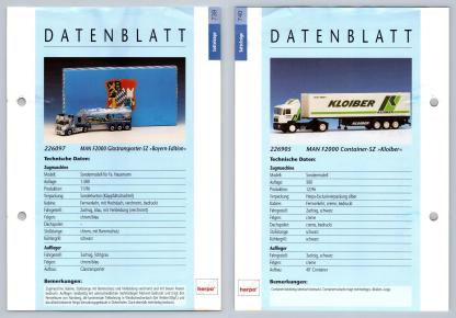 MAN F2000 Glastransporter / Container #739/40 Sattelzuge - Herpa Data Sheet-Breakoutcards