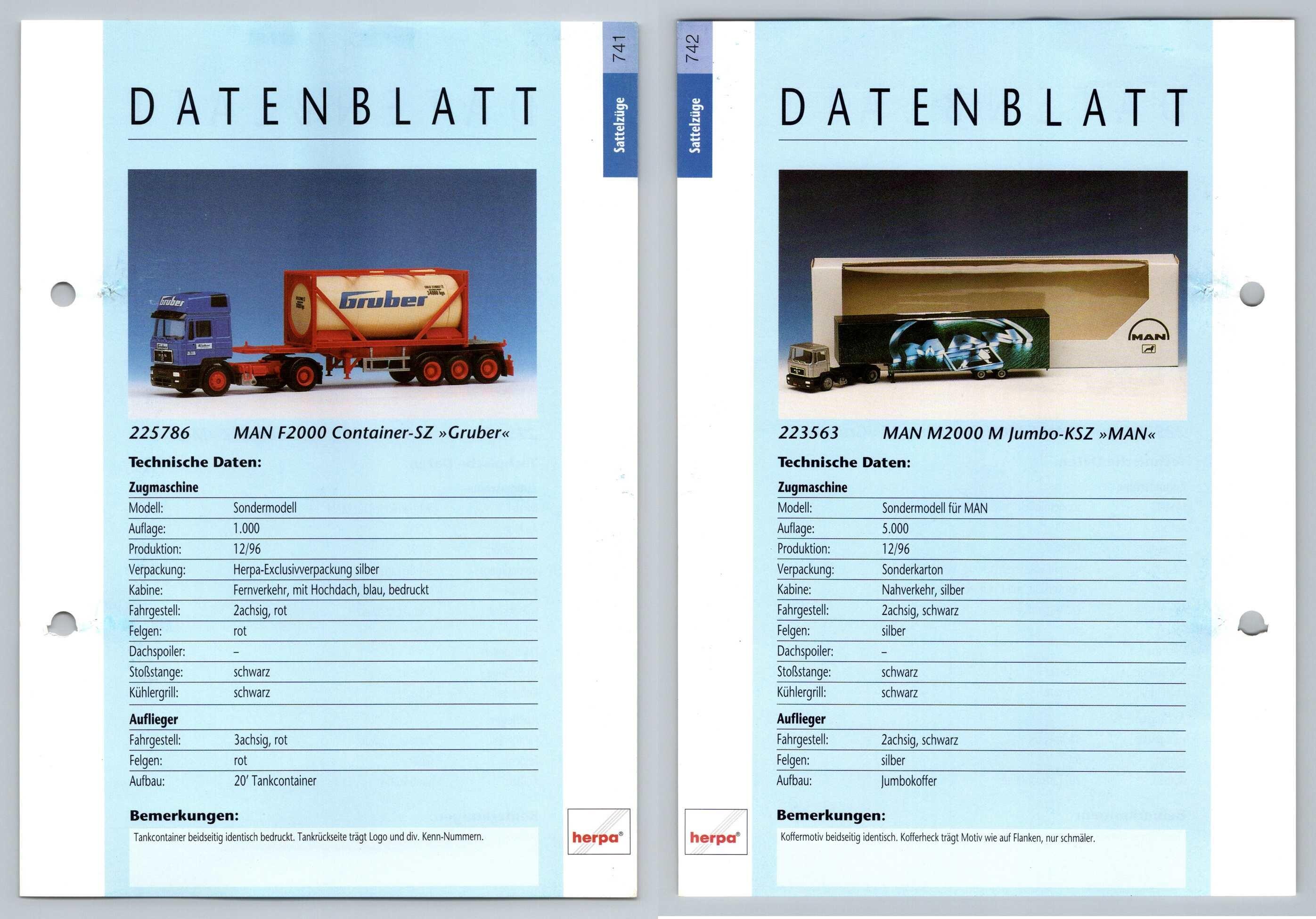 MAN f2000 Container / M2000 #741/2 Sattelzuge - Herpa Data Sheet-Breakoutcards
