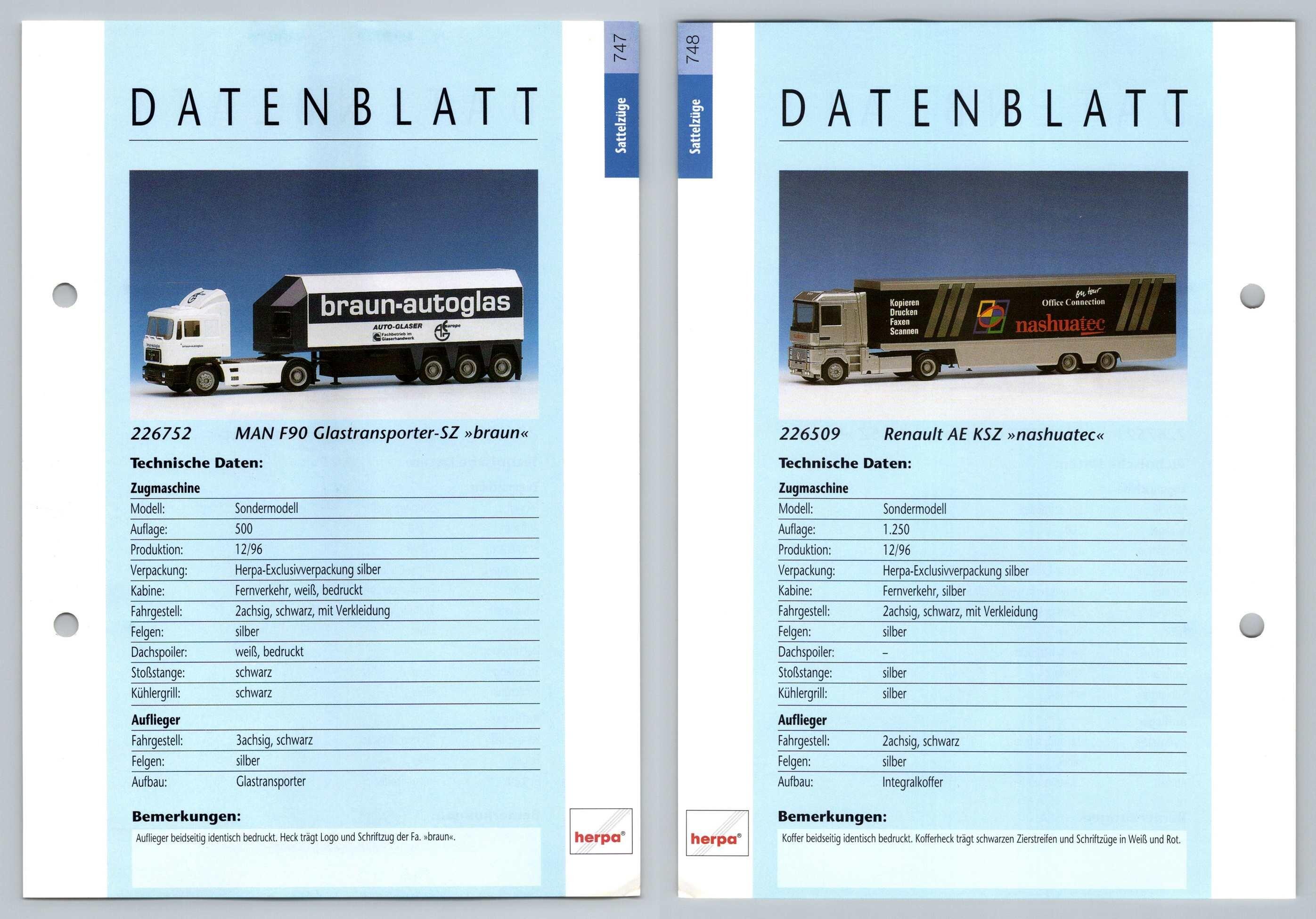 MAN F90 / Renault AE #747/8 Sattelzuge - Herpa Data Sheet-Breakoutcards