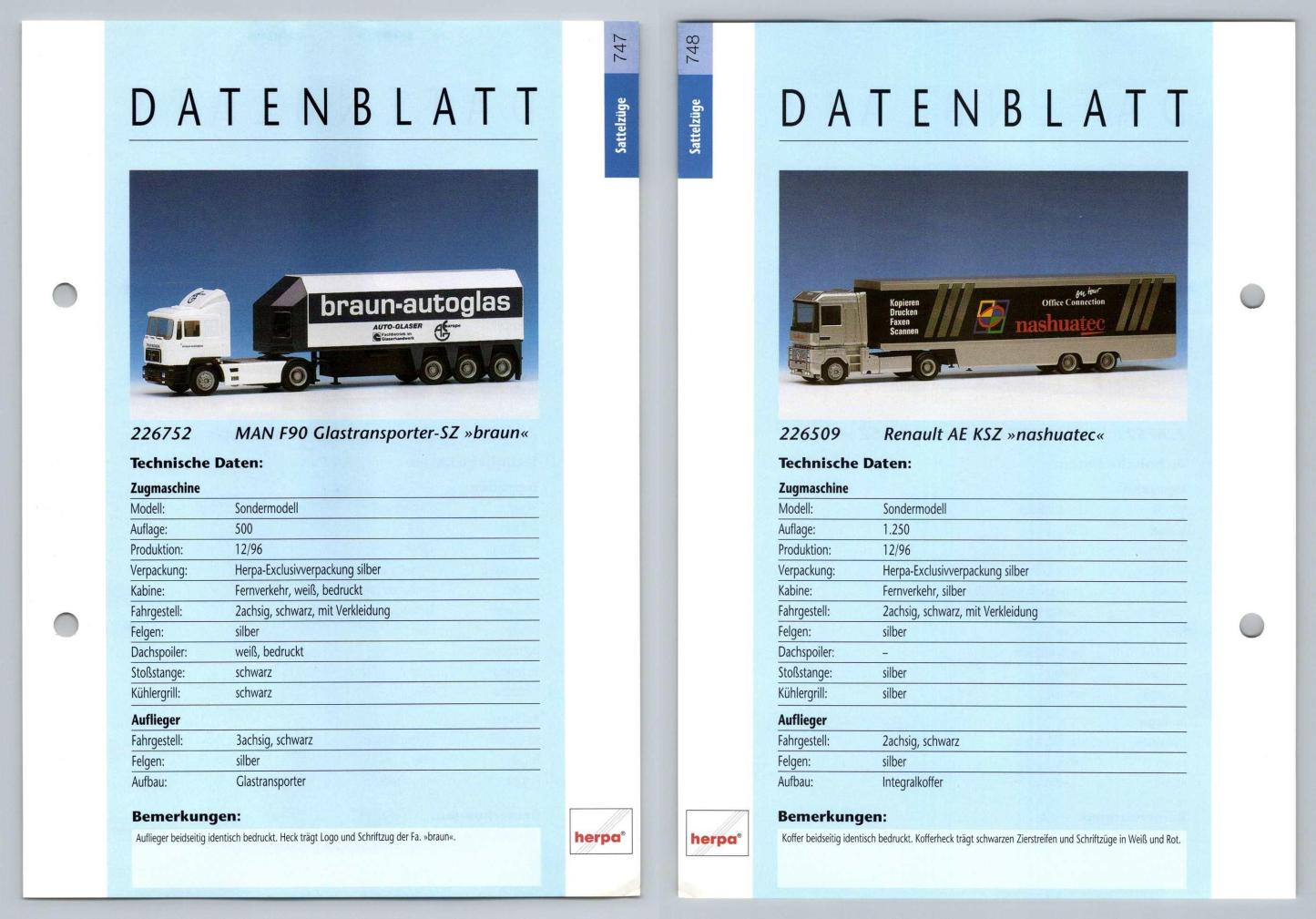 MAN F90 / Renault AE #747/8 Sattelzuge - Herpa Data Sheet-Breakoutcards