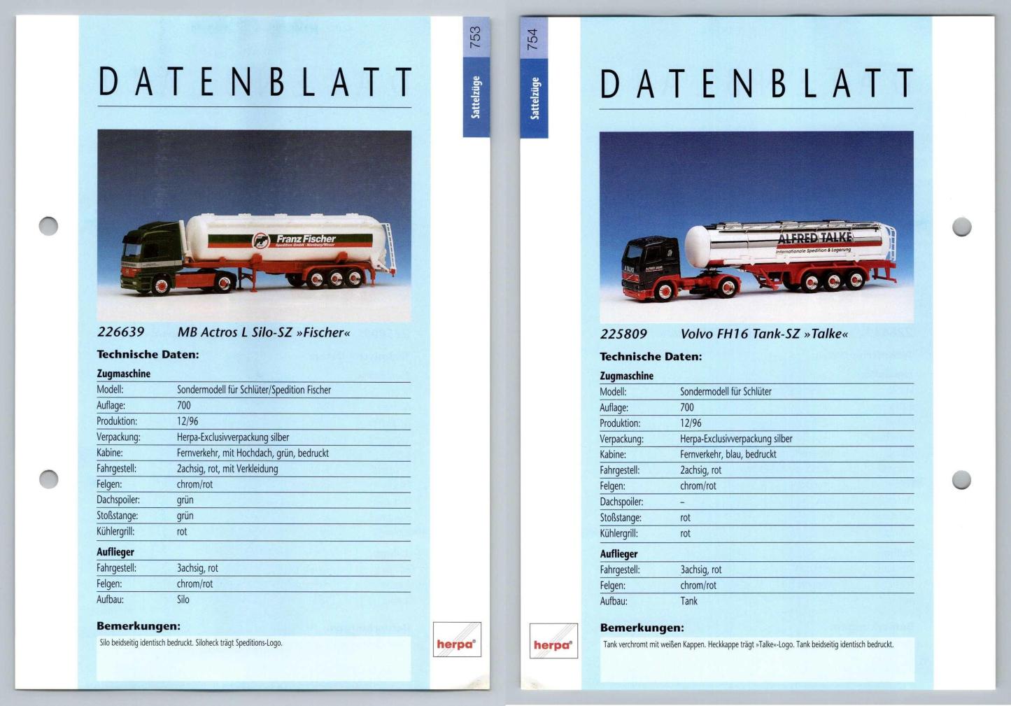 MB Actros L / Volvo FH16 Tank #753/4 Sattelzuge - Herpa Data Sheet-Breakoutcards