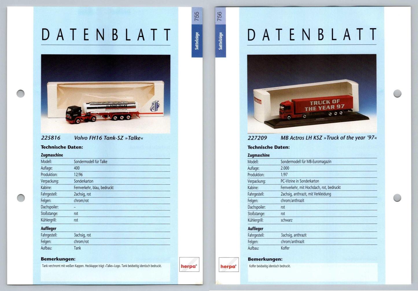 Volvo FH16 Tank / MB Actros LH #755/6 Sattelzuge - Herpa Data Sheet-Breakoutcards