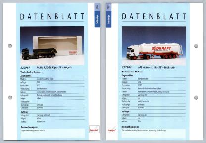 MAN F2000 Kipp / MB Actros L #767/8 Sattelzuge - Herpa Data Sheet-Breakoutcards