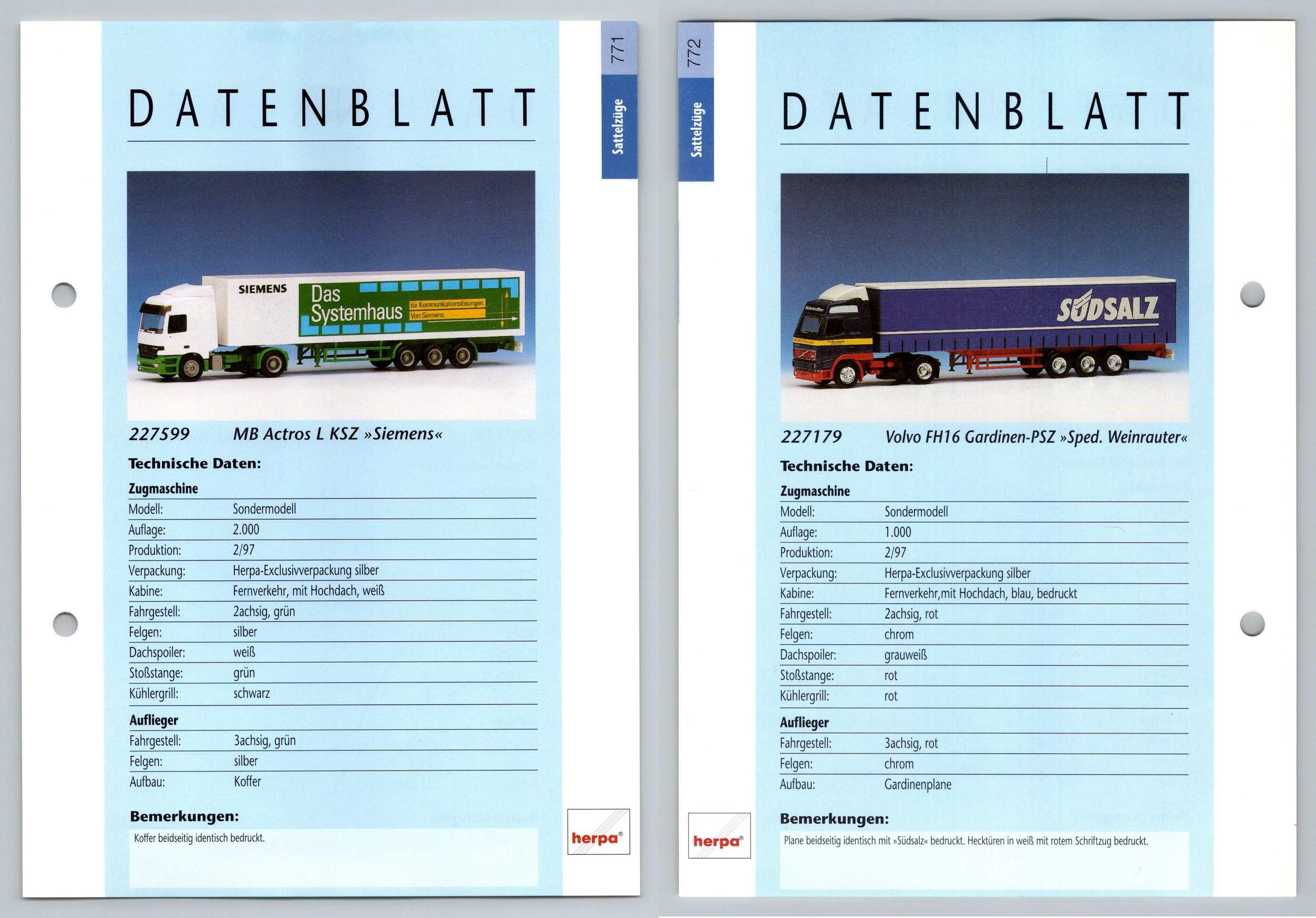 MB Actros L / Volvo FH16 # 771/2 Sattelzuge - Herpa Data Sheet-Breakoutcards