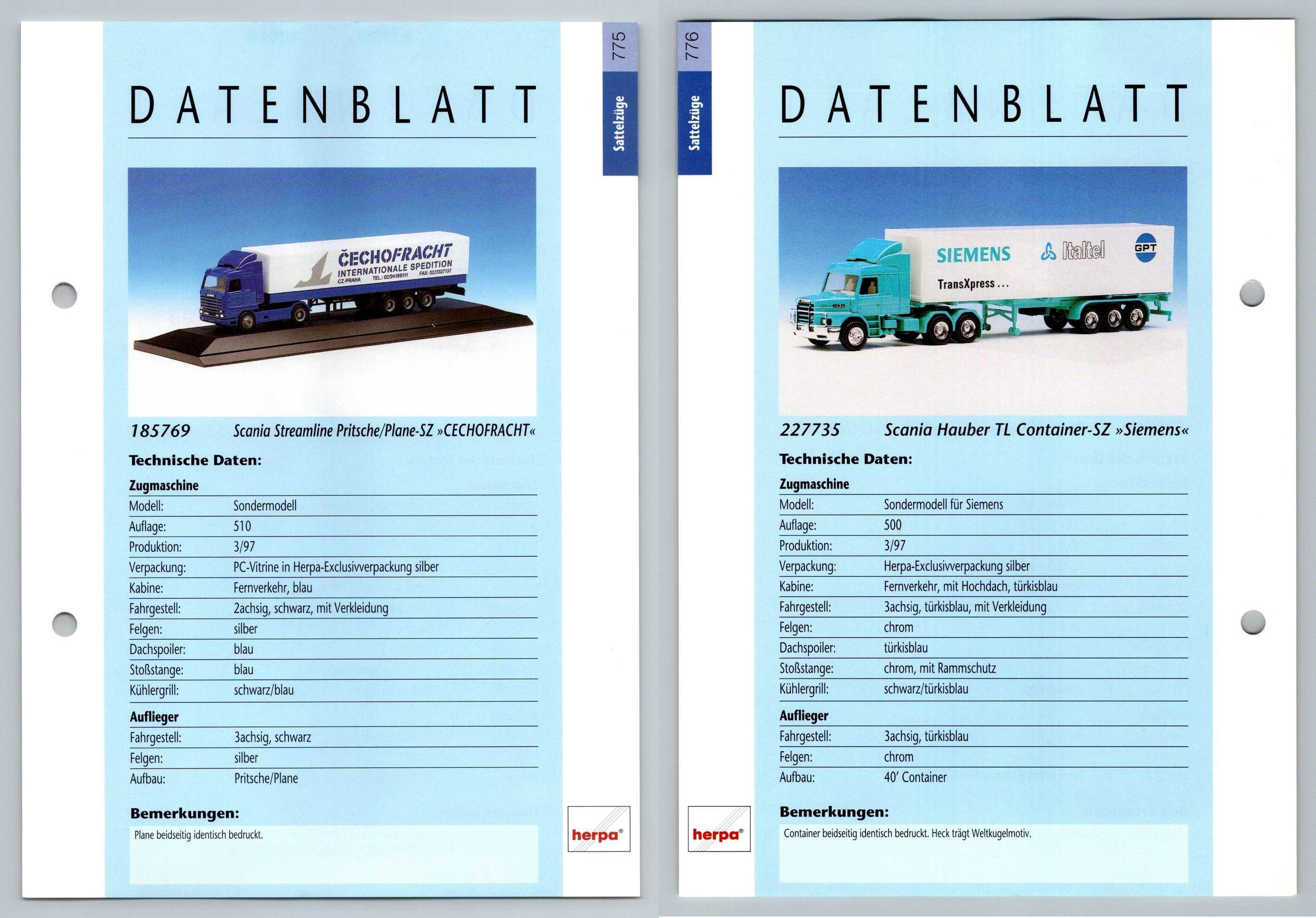 Scania Streamline / Hauber TL #775/6 Sattelzuge - Herpa Data Sheet-Breakoutcards
