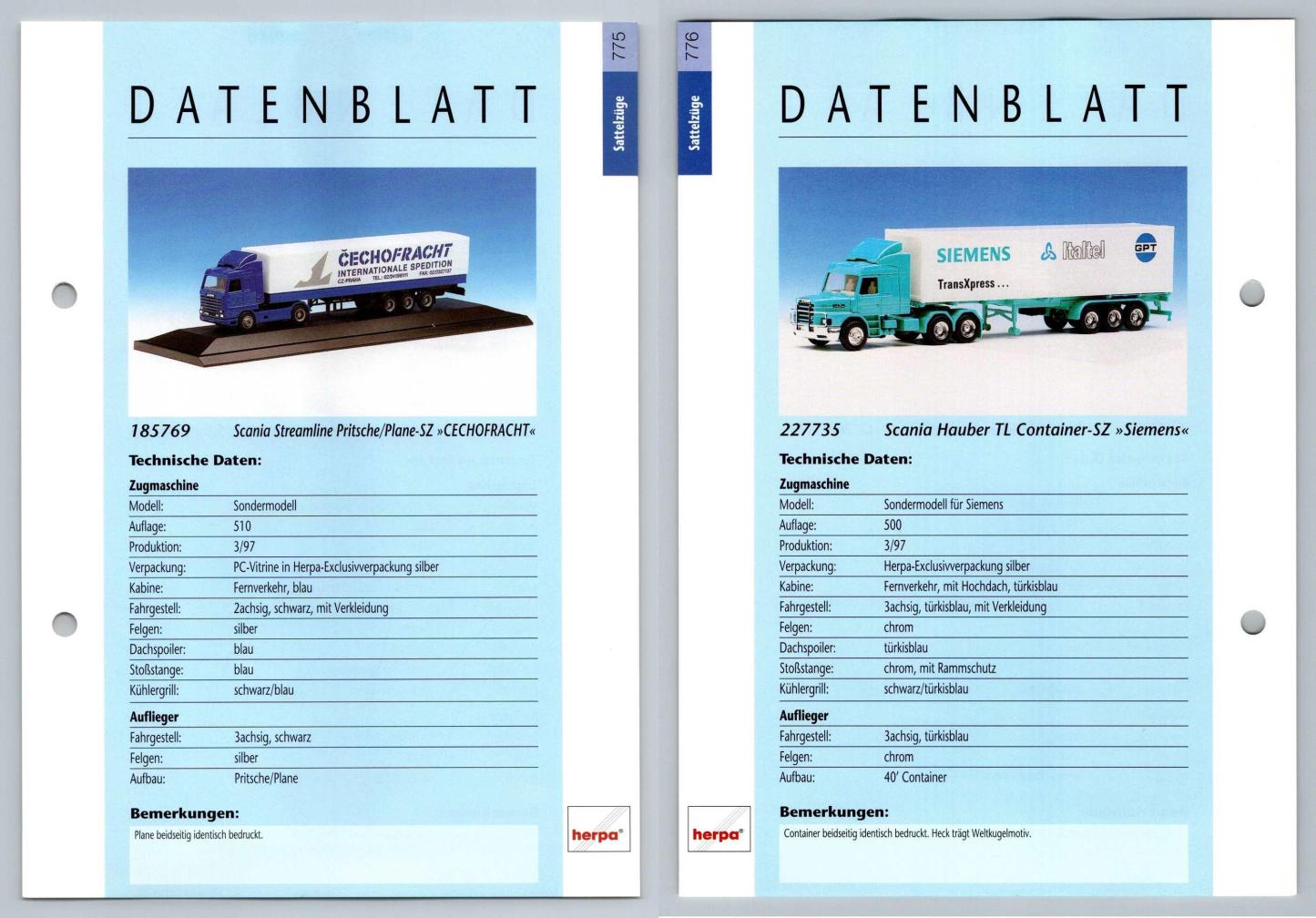 Scania Streamline / Hauber TL #775/6 Sattelzuge - Herpa Data Sheet-Breakoutcards