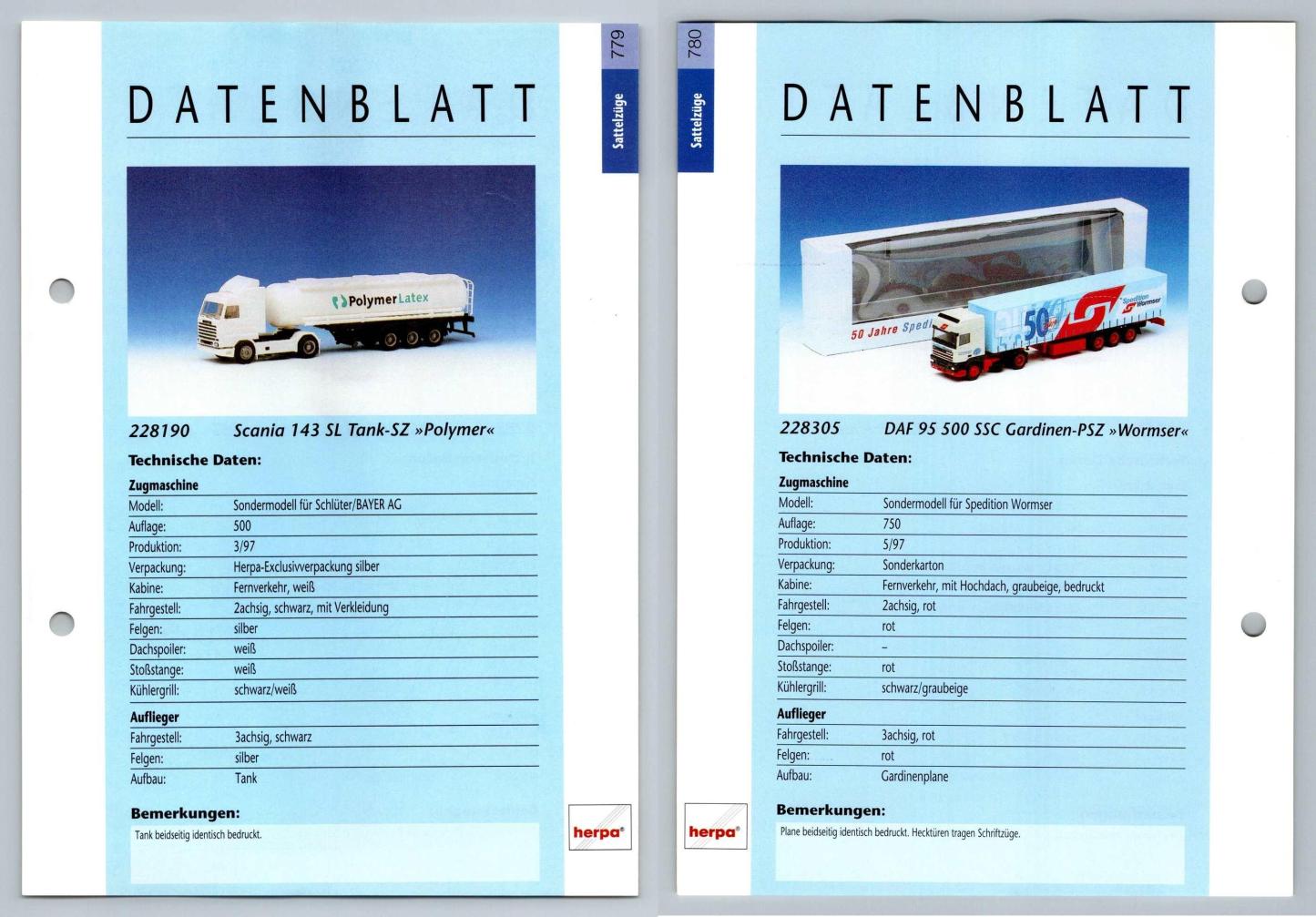 Scania 143 SL Tank / DAF 95 500 SSC #779/80 Sattelzuge - Herpa Data Sheet-Breakoutcards