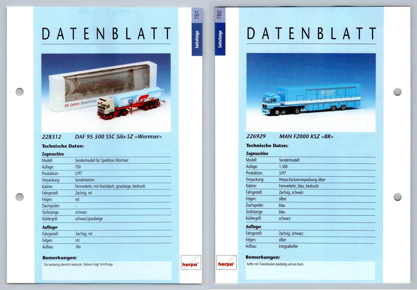 DAF 95 500 SSC / MAN F2000 #781/2 Sattelzuge - Herpa Data Sheet-Breakoutcards
