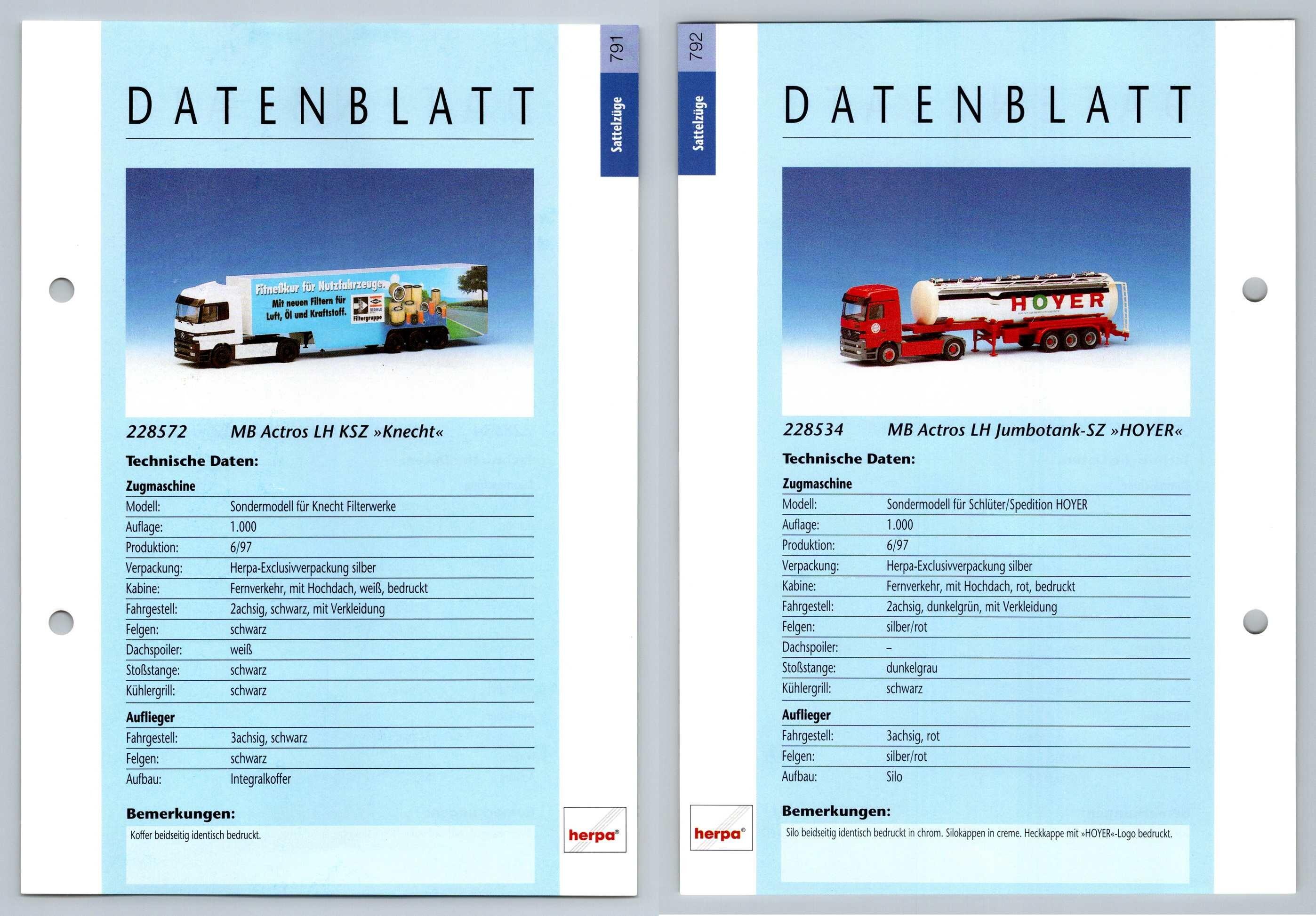 MB Actros LH / Jumbotank SZ #791/2 Sattelzuge - Herpa Data Sheet-Breakoutcards