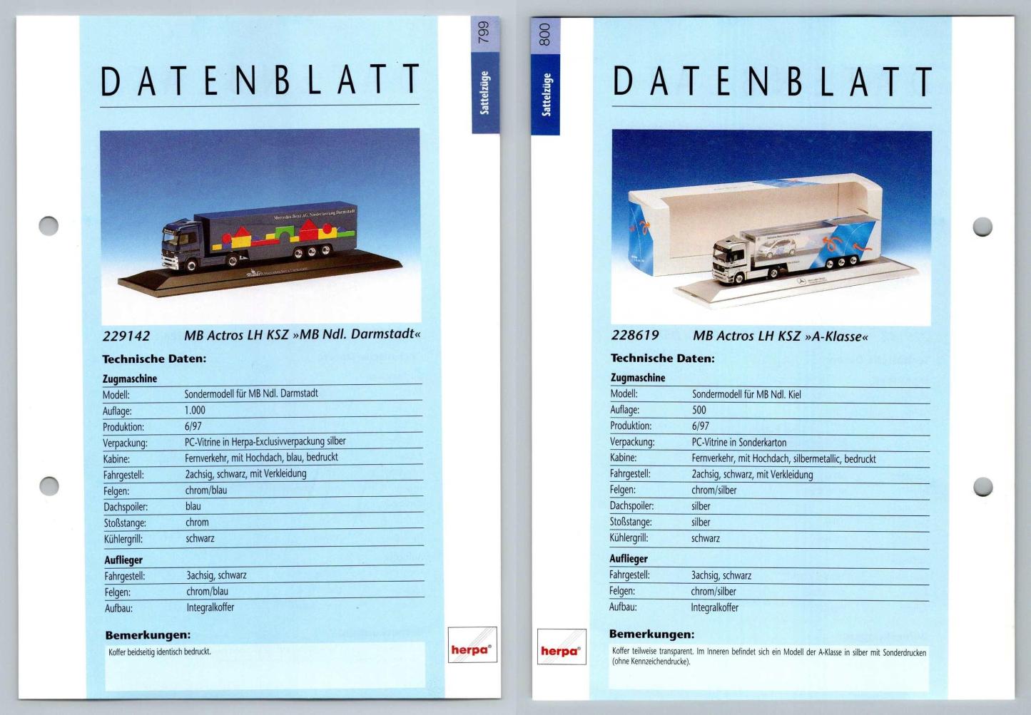 MB Actros LH Ndl Darmstadt / A-Klasse #799/800 Sattelzuge - Herpa Data Sheet-Breakoutcards