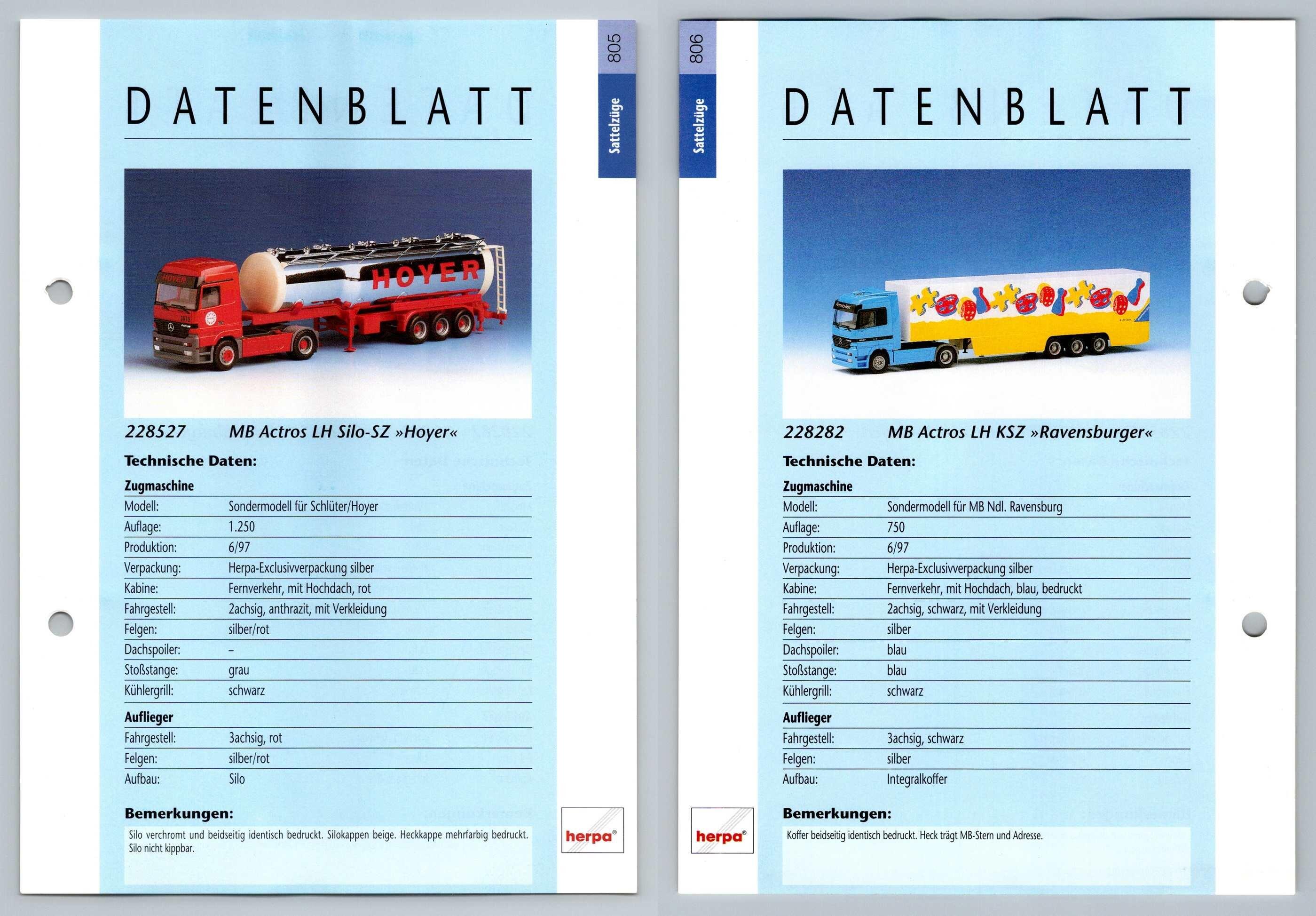 MB Actros LH Silo / KSZ #805/6 Sattelzuge - Herpa Data Sheet-Breakoutcards