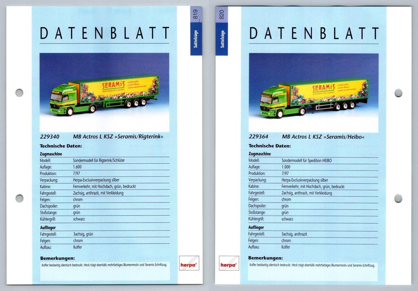 MB Actros L Seramis #819/20 Sattelzuge - Herpa Data Sheet-Breakoutcards