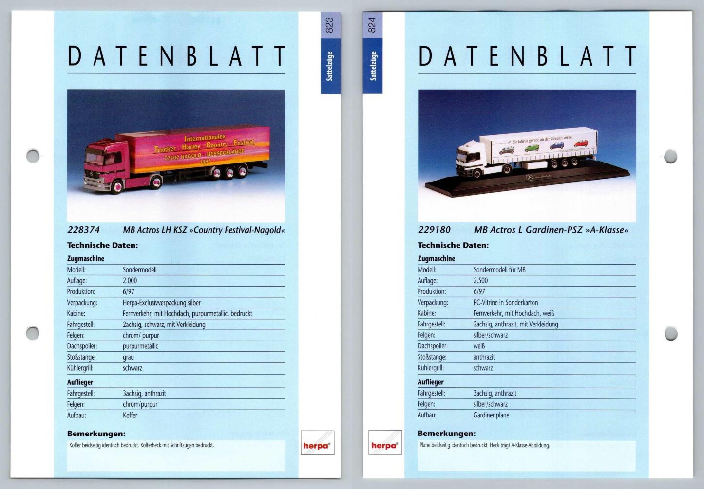 MB Actros LH KSZ / L Gardinen #823/4 Sattelzuge - Herpa Data Sheet-Breakoutcards
