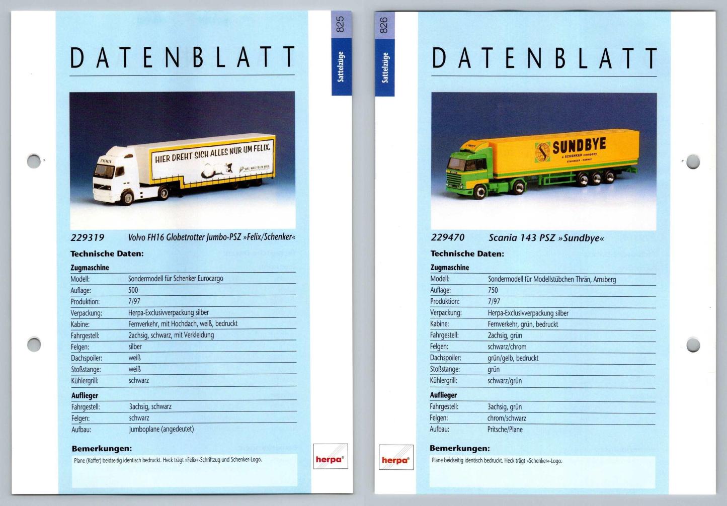 Volvo FH16 / Scania 143 #825/6 Sattelzuge - Herpa Data Sheet-Breakoutcards
