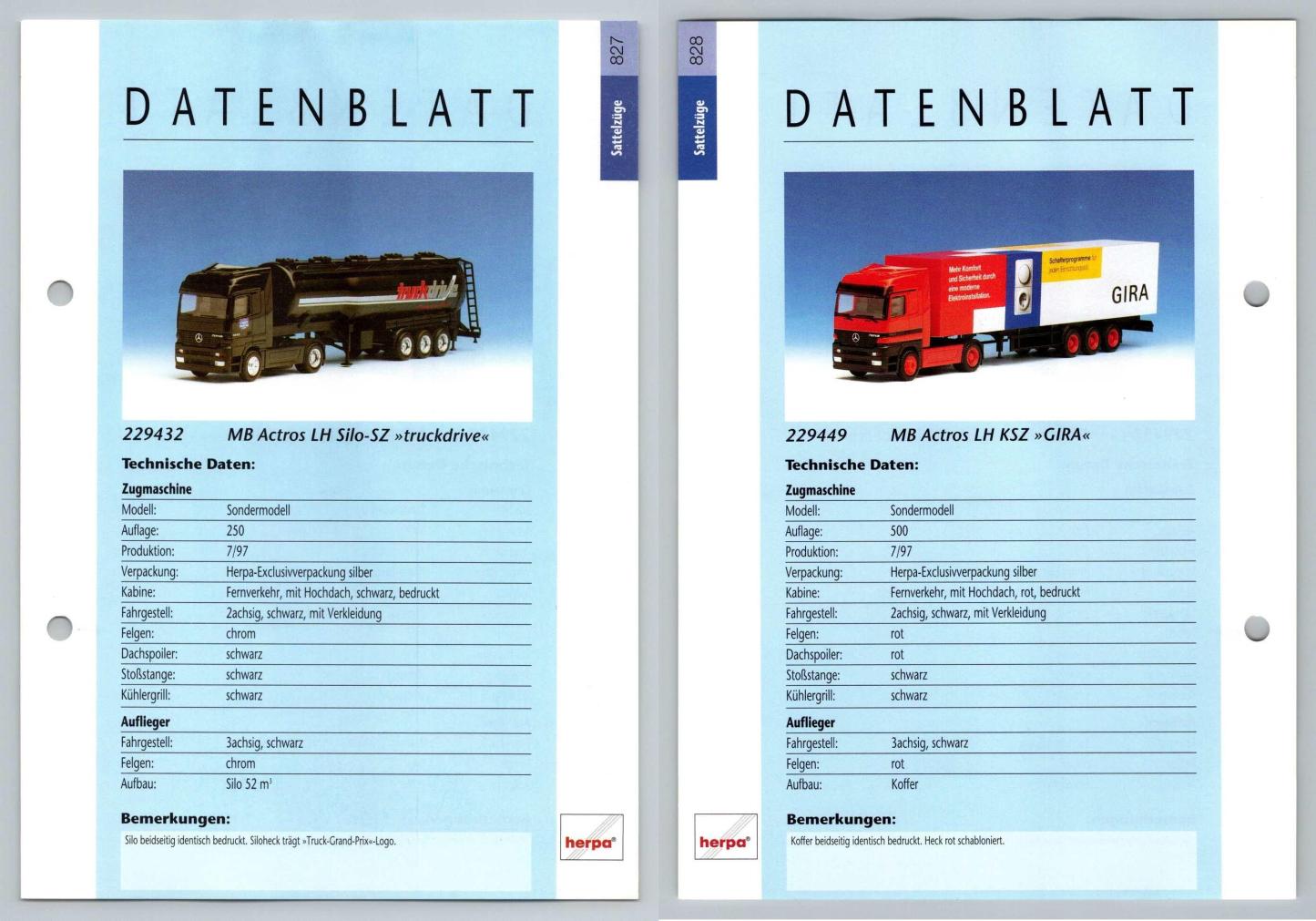 MB Actros LH Silo / KSZ #827/8 Sattelzuge - Herpa Data Sheet-Breakoutcards