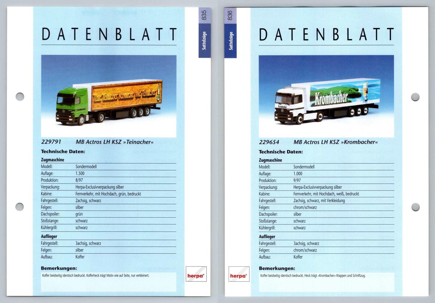 MB Actros LH Teinacher / Krombacher #835/6 Sattelzuge - Herpa Data Sheet-Breakoutcards