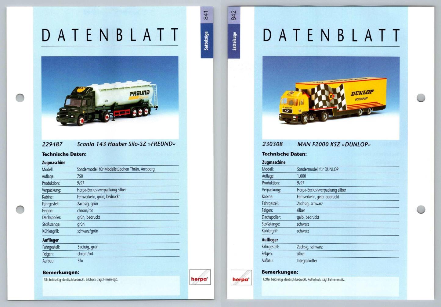 Scania 143 / MAN F2000 #841/2 Sattelzuge - Herpa Data Sheet-Breakoutcards