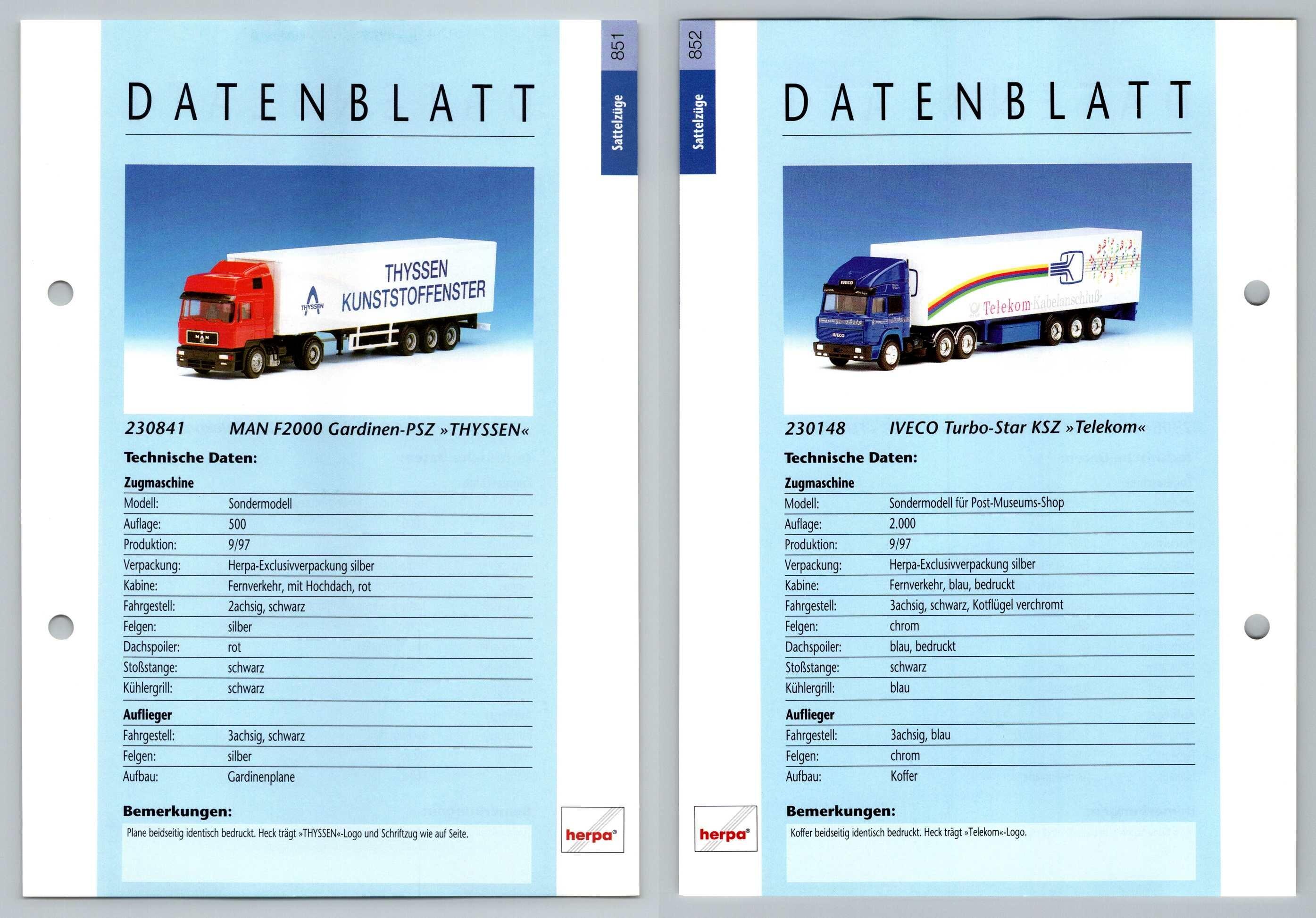 MAN F2000 / IVECO Turbo Star #851/2 Sattelzuge - Herpa Data Sheet-Breakoutcards