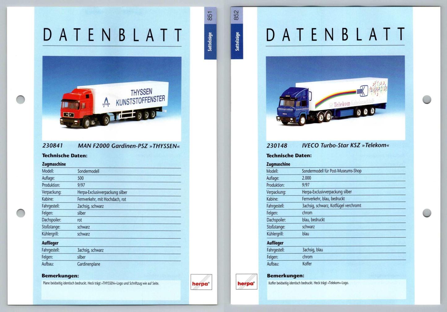 MAN F2000 / IVECO Turbo Star #851/2 Sattelzuge - Herpa Data Sheet-Breakoutcards