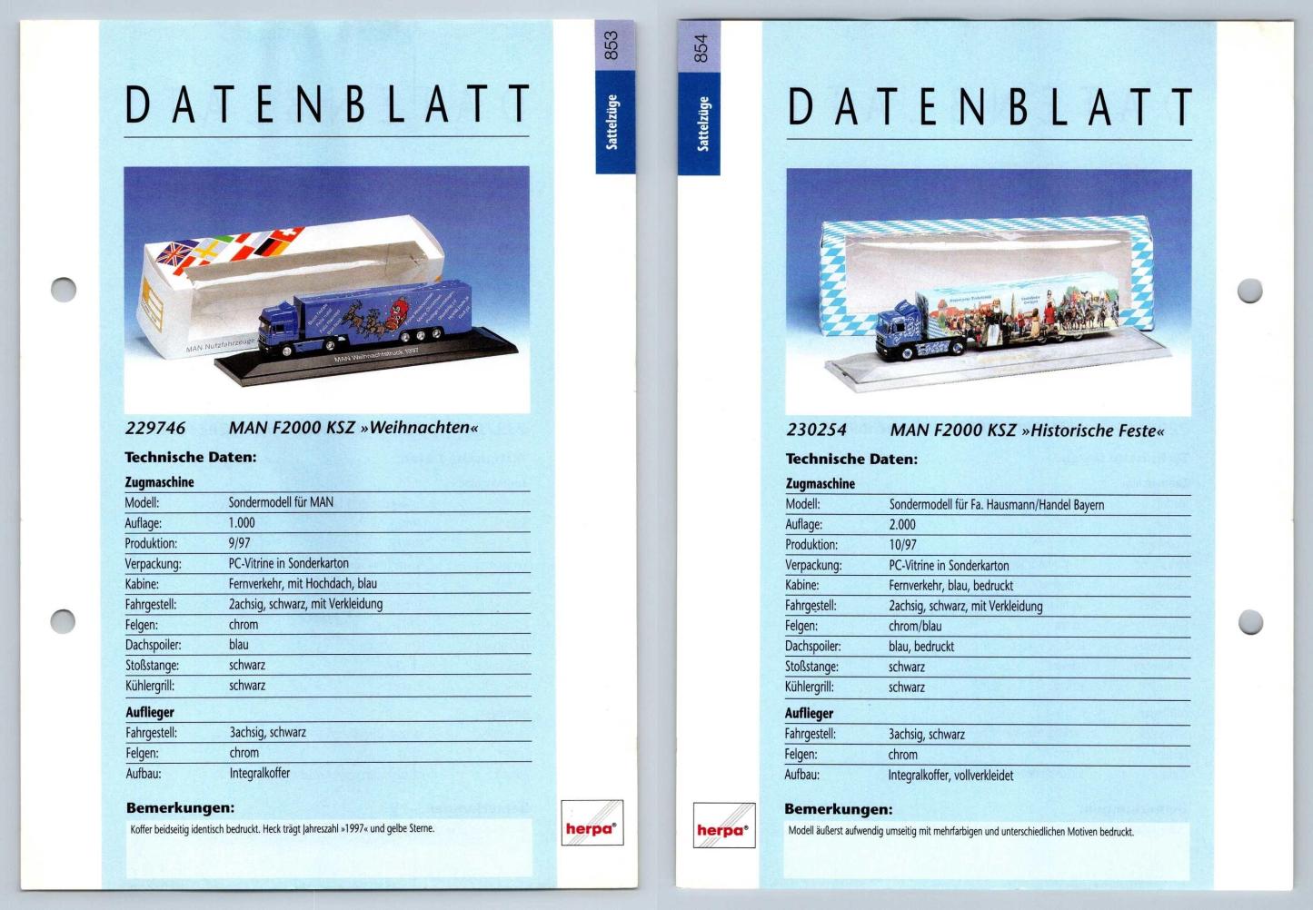 MAN F2000 Weihnachten / Historische Feste #853/4 Sattelzuge - Herpa Data Sheet-Breakoutcards