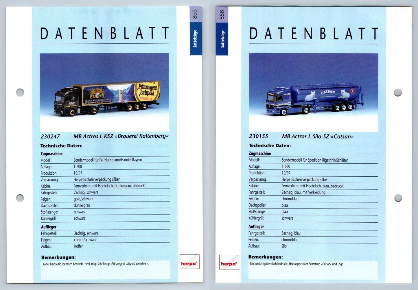 MB Actros L KSZ / Silo #855/6 Sattelzuge - Herpa Data Sheet-Breakoutcards