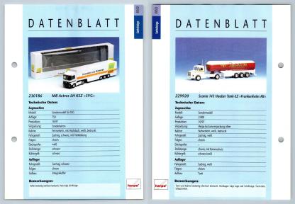 MB Actros LH / Scania 143 #859/60 Sattelzuge - Herpa Data Sheet-Breakoutcards
