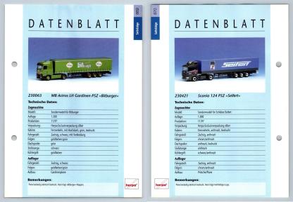 MB Actros LH / Scania 124 #869/70 Sattelzuge - Herpa Data Sheet-Breakoutcards