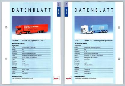 Scania 144 Topline / Glastransporter #873/4 Sattelzuge - Herpa Data Sheet-Breakoutcards
