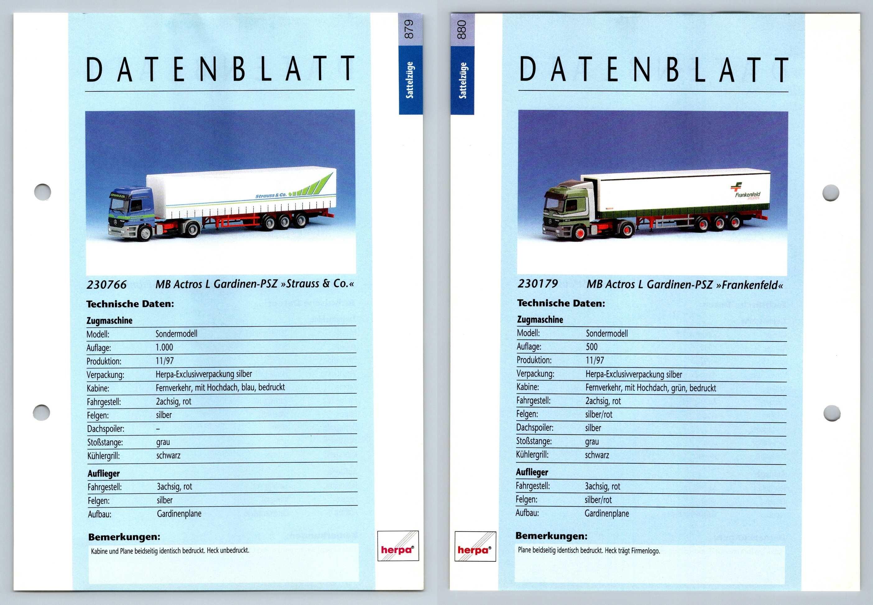 MB Actros L Gardinen #879/880 Sattelzuge - Herpa Data Sheet-Breakoutcards