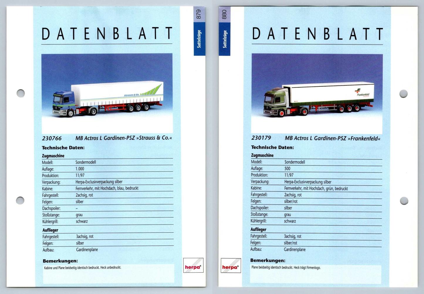 MB Actros L Gardinen #879/880 Sattelzuge - Herpa Data Sheet-Breakoutcards