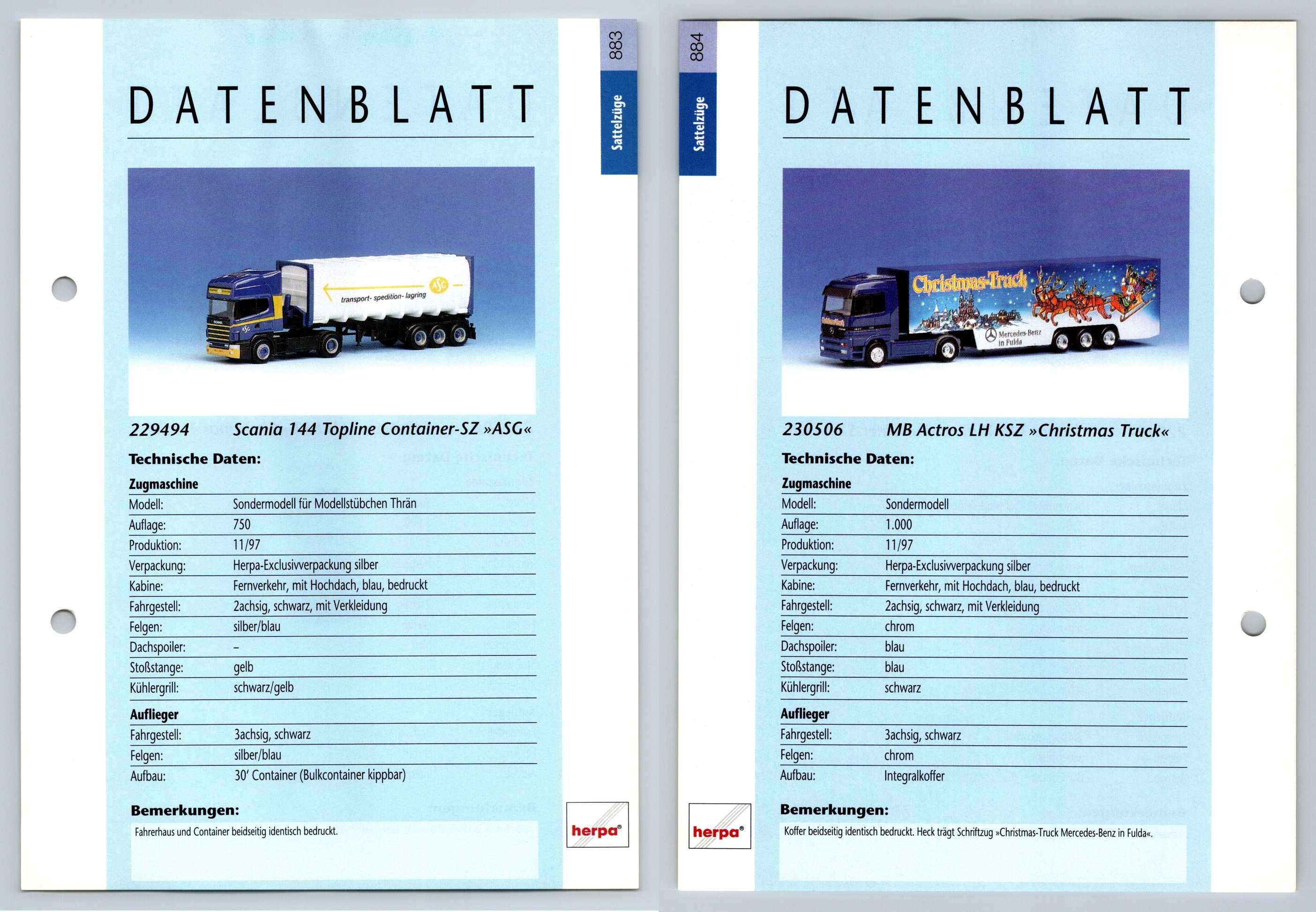Scania 144 / MB Actros LH #883/4 Sattelzuge - Herpa Data Sheet-Breakoutcards