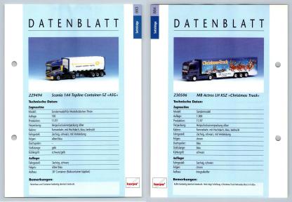 Scania 144 / MB Actros LH #883/4 Sattelzuge - Herpa Data Sheet-Breakoutcards