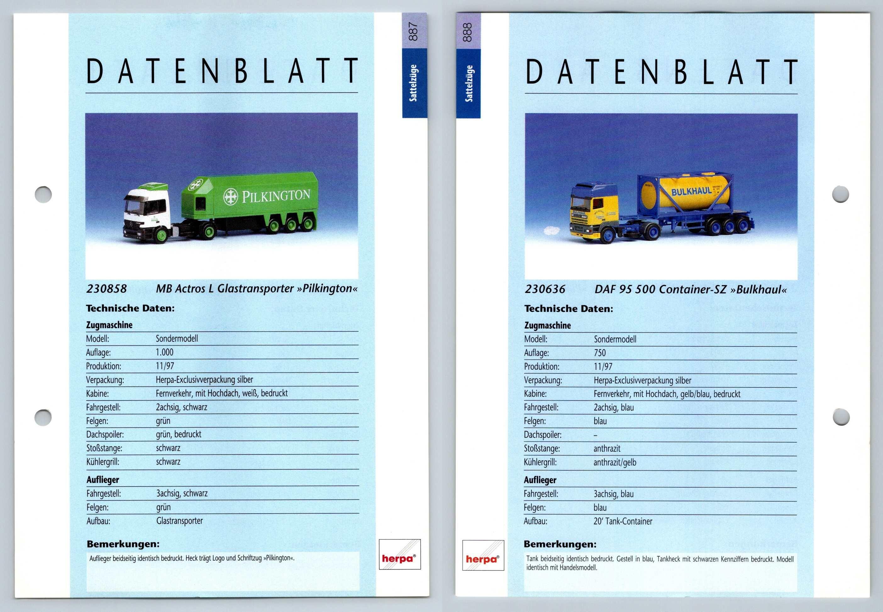 MB Actros L / DAF 95 500 #887/8 Sattelzuge - Herpa Data Sheet-Breakoutcards