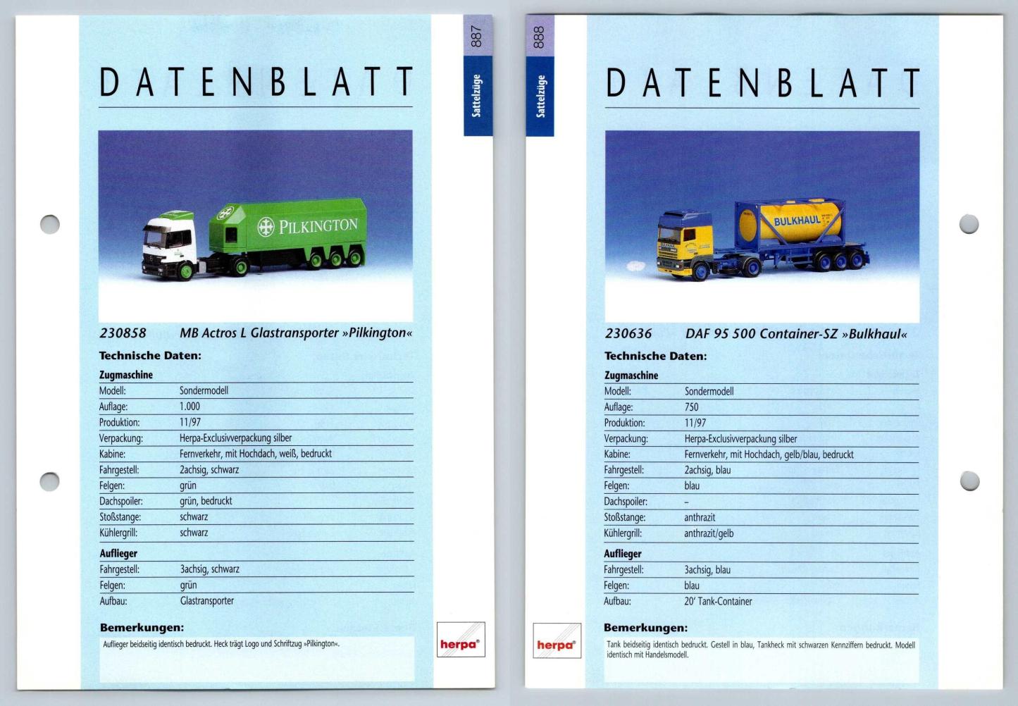 MB Actros L / DAF 95 500 #887/8 Sattelzuge - Herpa Data Sheet-Breakoutcards