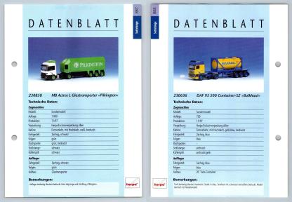 MB Actros L / DAF 95 500 #887/8 Sattelzuge - Herpa Data Sheet-Breakoutcards
