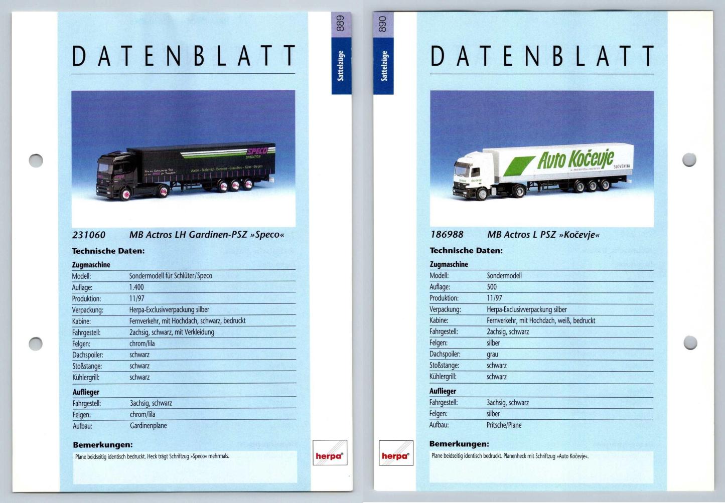 MB Actros LH PSZ / L PSZ #889/90 Sattelzuge - Herpa Data Sheet-Breakoutcards