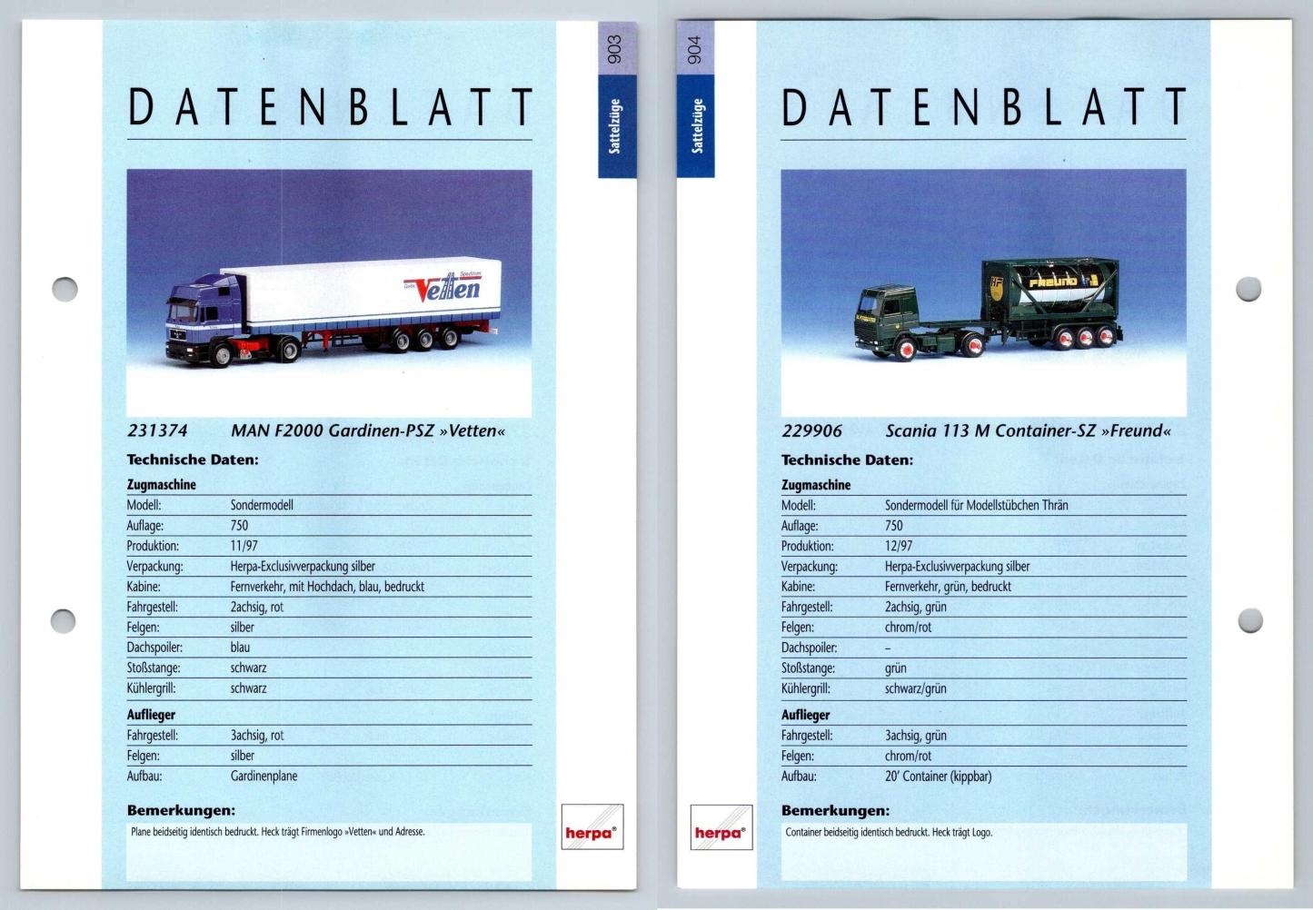 MN F2000 / Scnia 113 M #903/4 Sattelzuge - Herpa Data Sheet-Breakoutcards