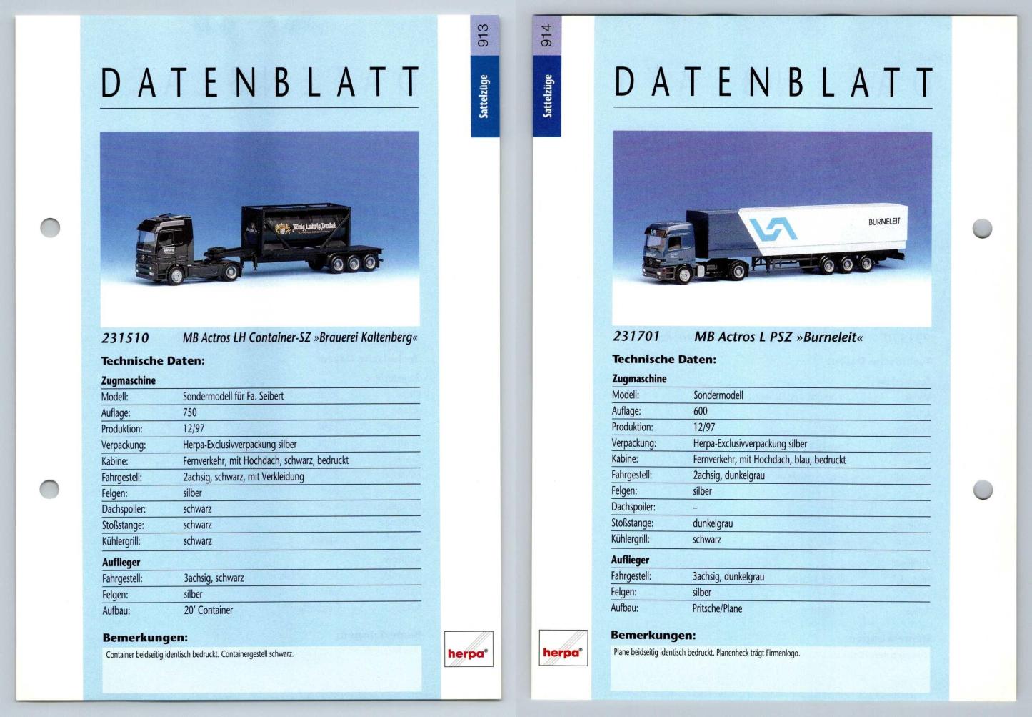 MB Actros LH / L PSZ #913/4 Sattelzuge - Herpa Data Sheet-Breakoutcards