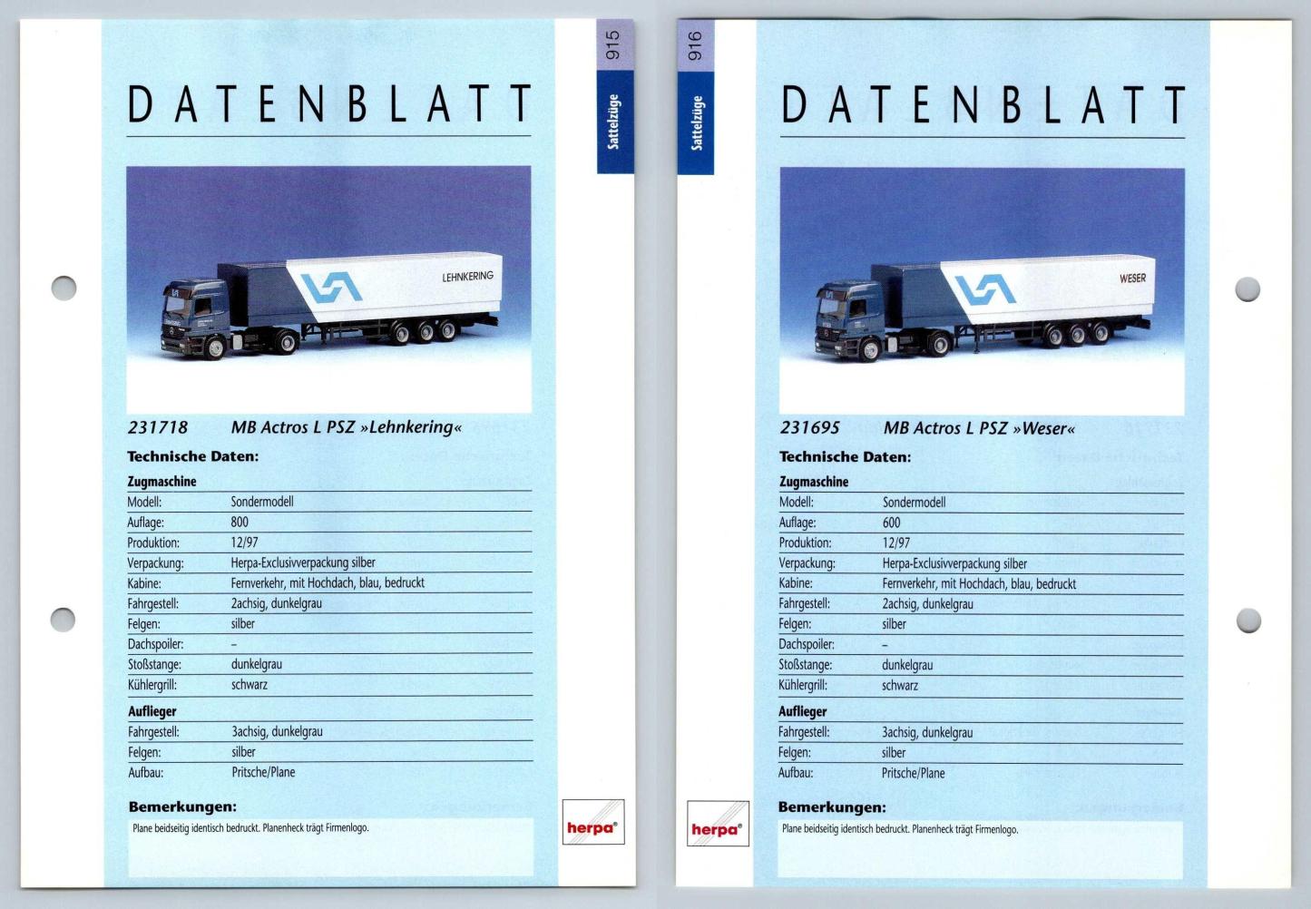 MB Actros L PSZ Lehnkering / Weser #915/6 Sattelzuge - Herpa Data Sheet-Breakoutcards