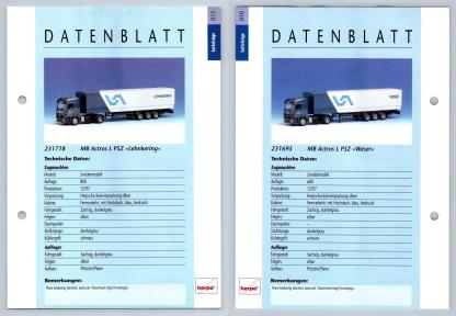 MB Actros L PSZ Lehnkering / Weser #915/6 Sattelzuge - Herpa Data Sheet-Breakoutcards