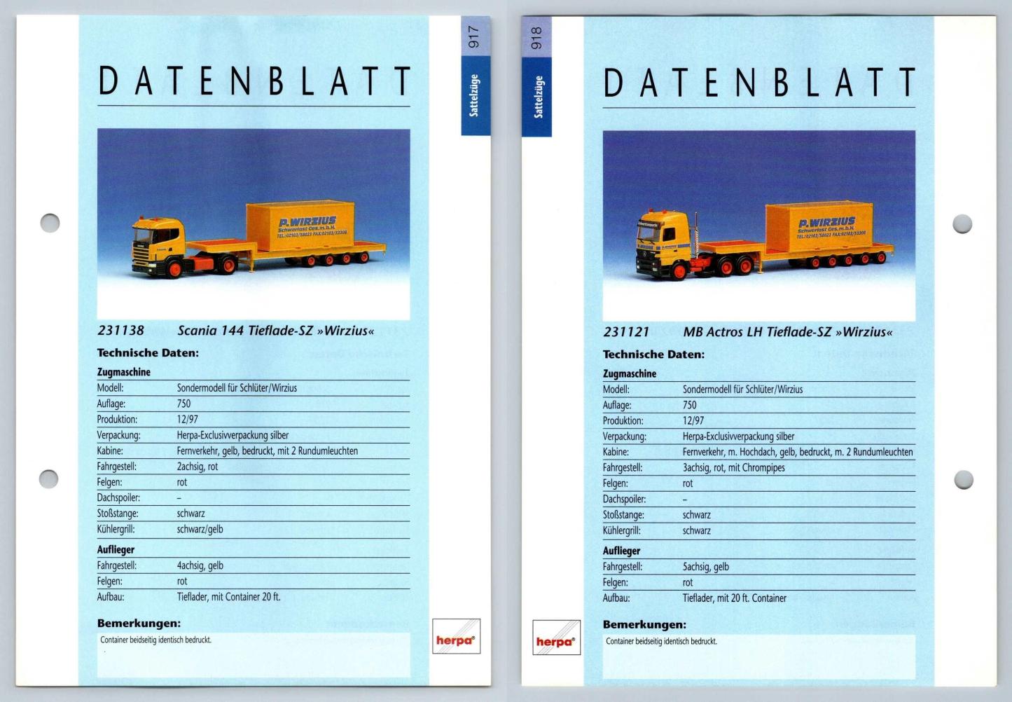 Scania 144 Tieflade / MB Actros LH #917/8 Sattelzuge - Herpa Data Sheet-Breakoutcards