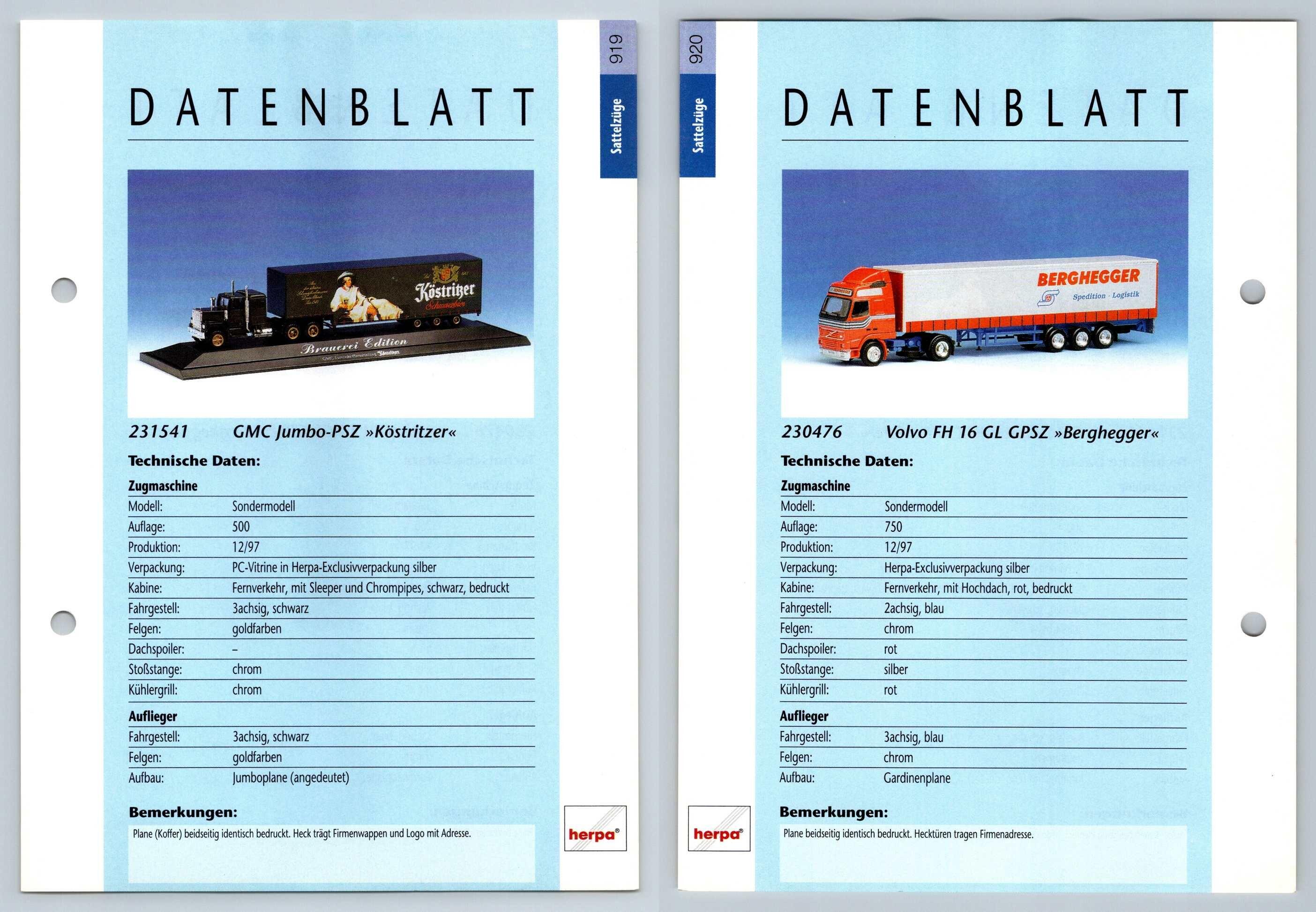 GMC Jumbo / Volvo FH 16 GL #919/20 Sattelzuge - Herpa Data Sheet-Breakoutcards